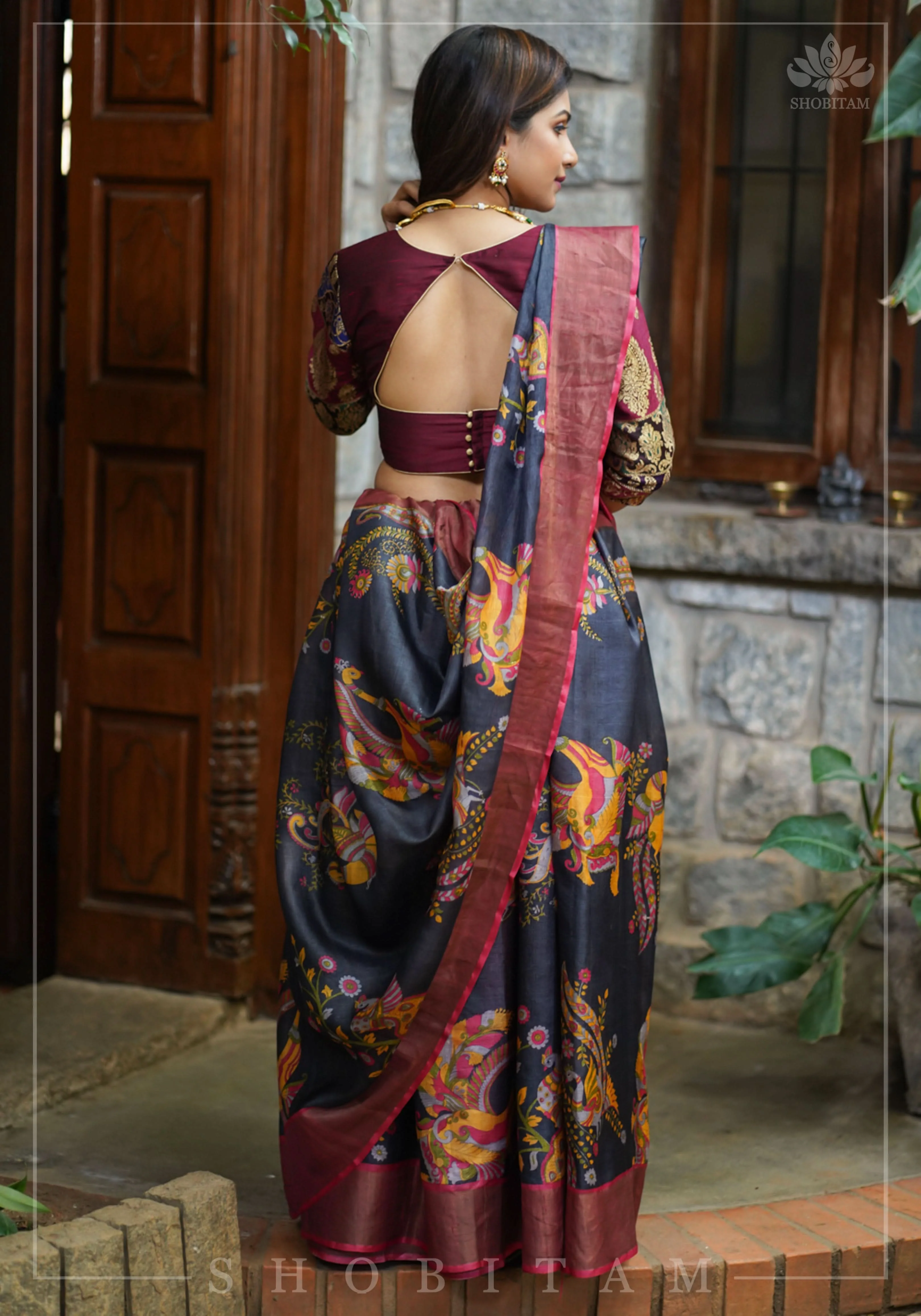 Pure Raw Silk and Below elbow sleeve Sleeve Banarasi Brocade Blouse in Maroon | Shobitam - Image 8