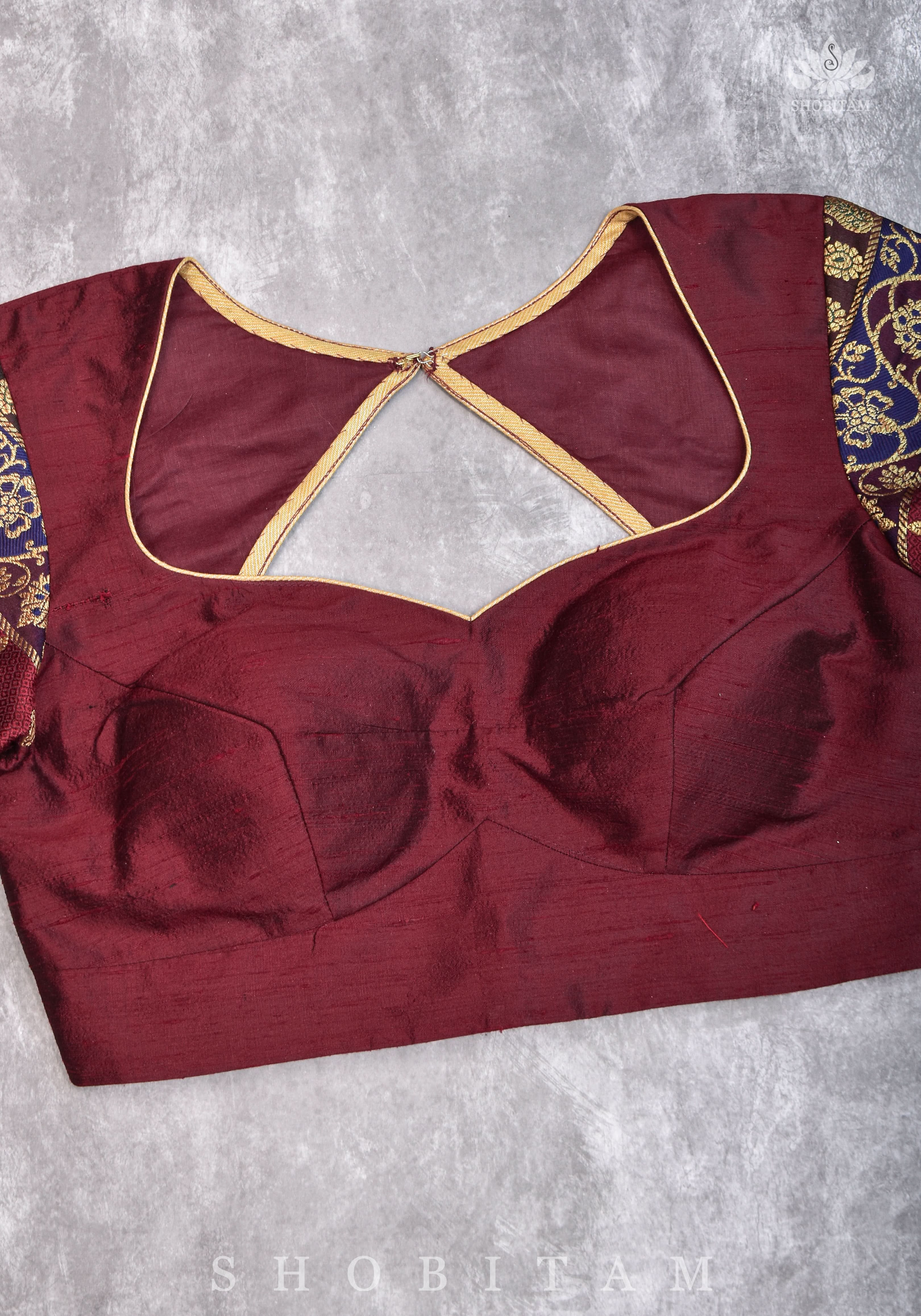 Pure Raw Silk and Below elbow sleeve Sleeve Banarasi Brocade Blouse in Maroon | Shobitam - Image 9