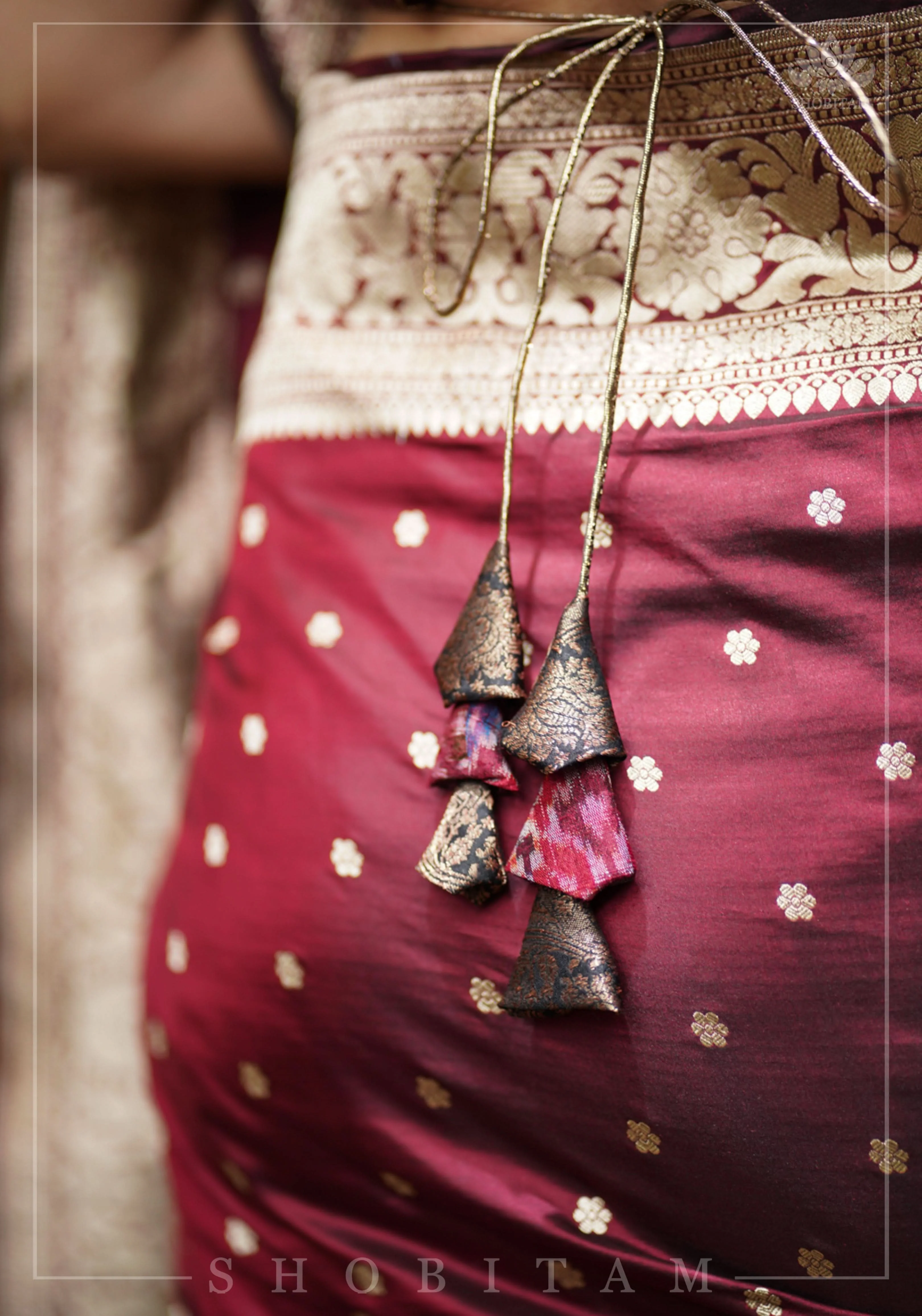 Pure Raw Silk with Ikkat weave and Banarasi pure silk brocade Blouse in maroon and Black | Shobitam - Image 8