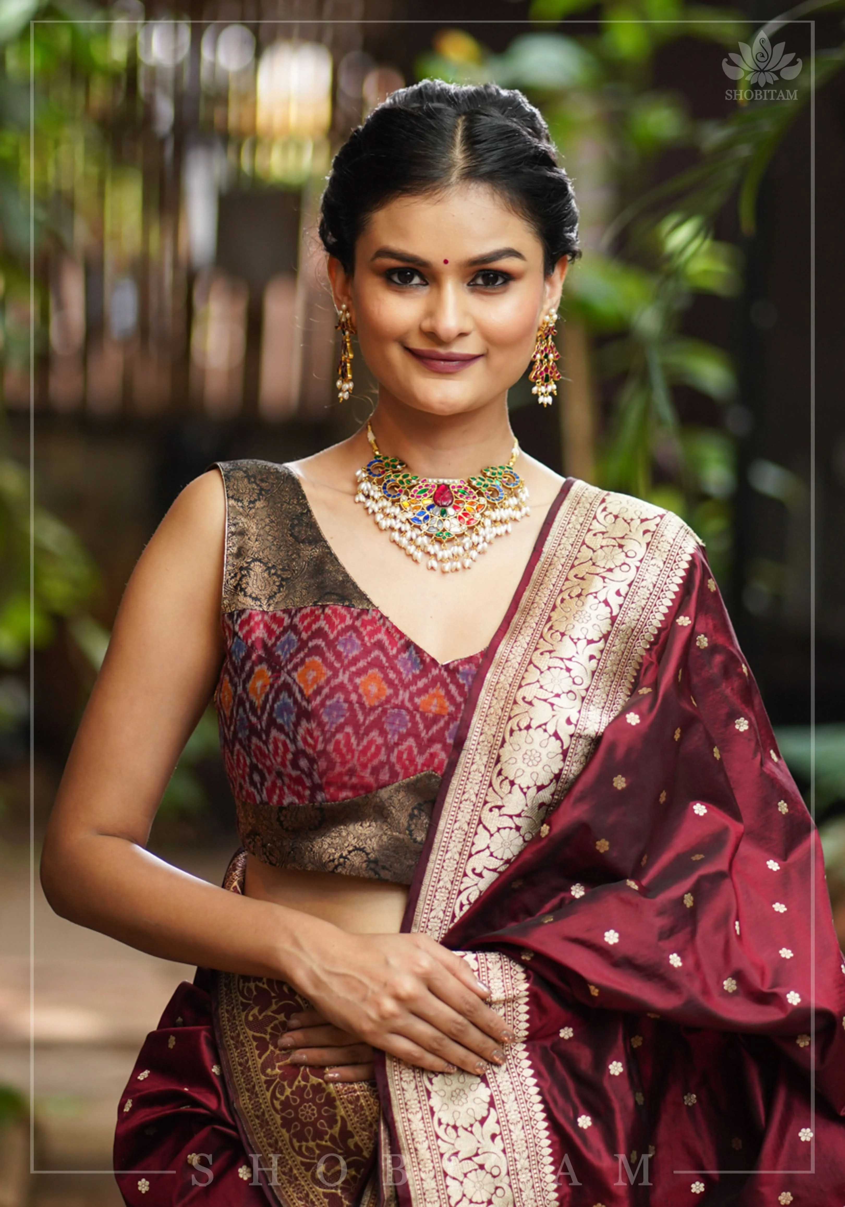 Pure Raw Silk with Ikkat weave and Banarasi pure silk brocade Blouse in maroon and Black | Shobitam - Image 9