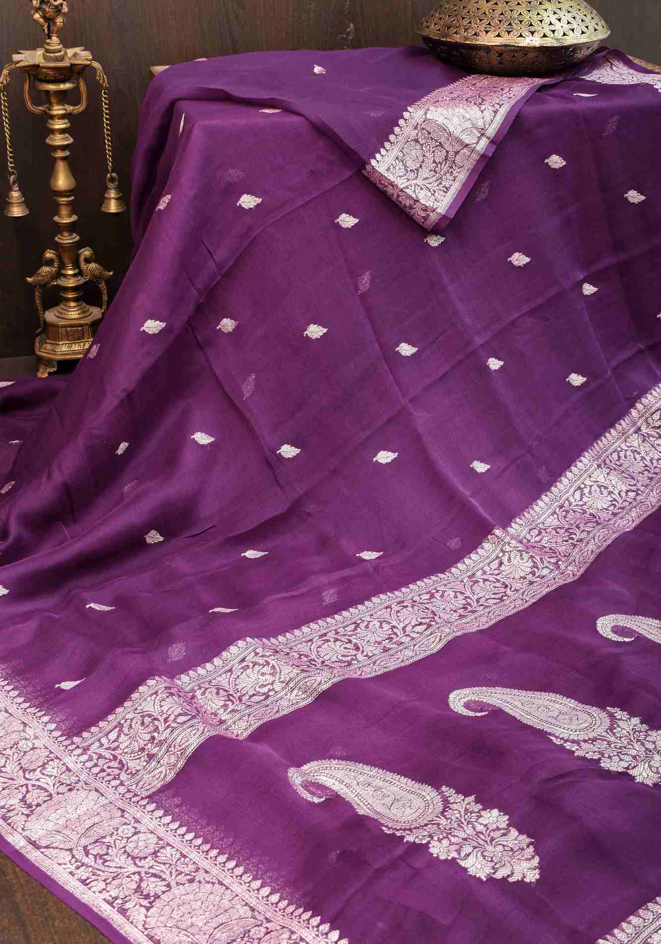 Pure Silk Chiffon Saree in Eggplant Purple with Silver Tone Zari Buttas & Zari Border | SILK MARK CERTIFIED Ready To Wear Saree - Image 4
