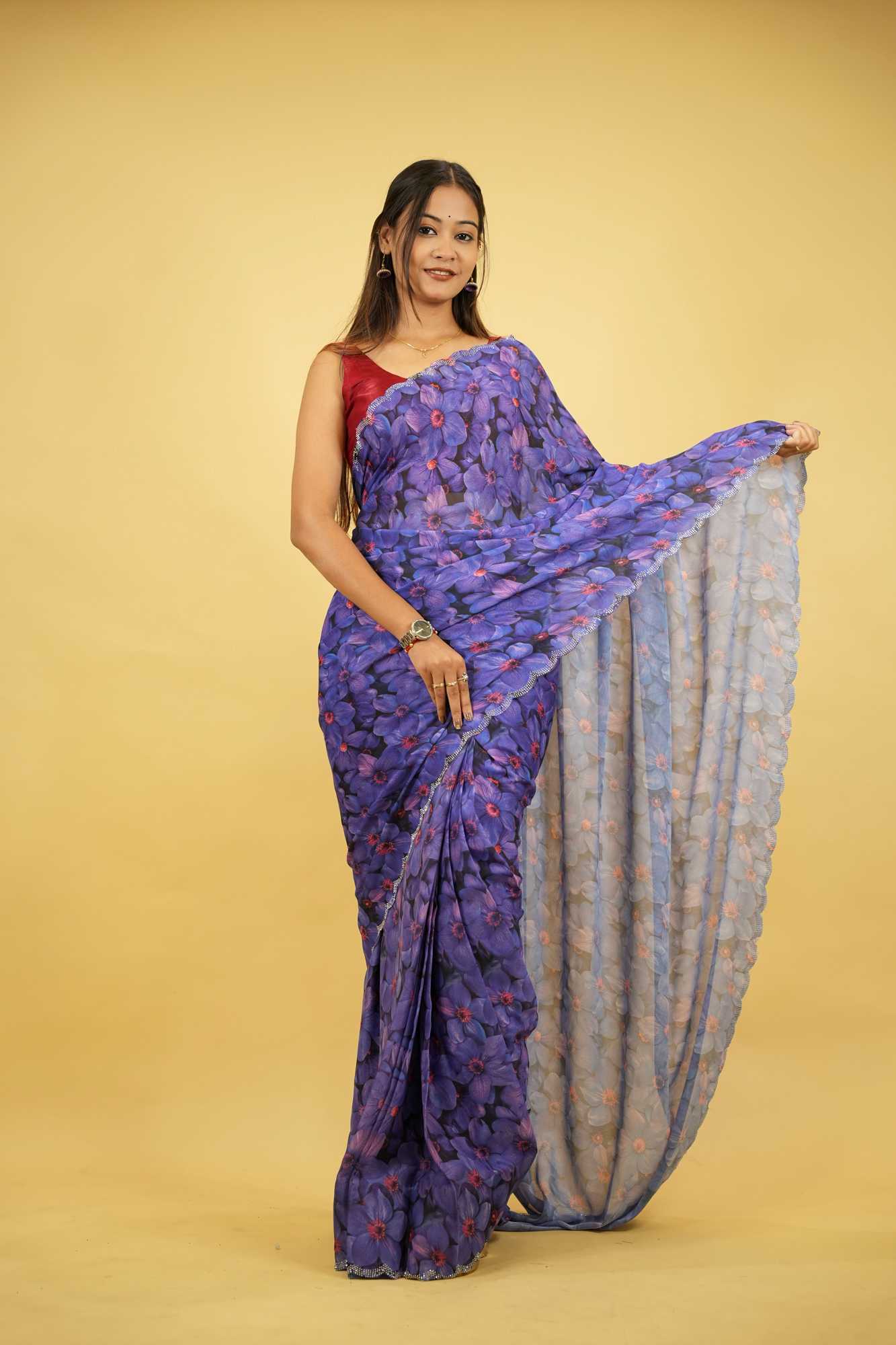 Purple Chiffon Floral Printed with Scalloped Embellished Border Ready To Wear Saree - Image 5