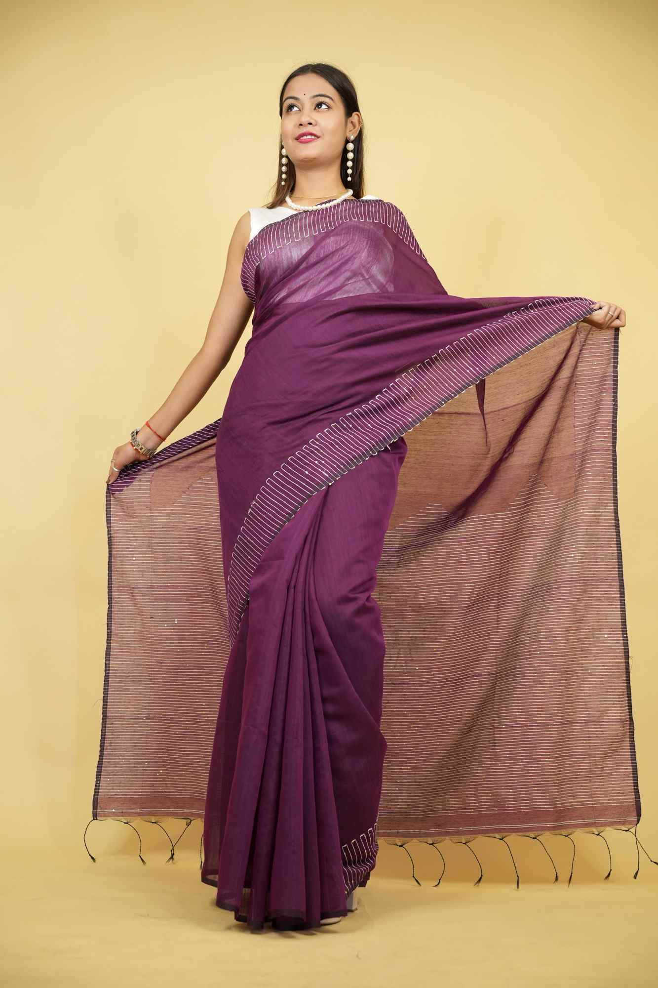 Purple Cotton Silk with Sequin-Embellished Pallu & Border Ready To Wear Saree - Image 4