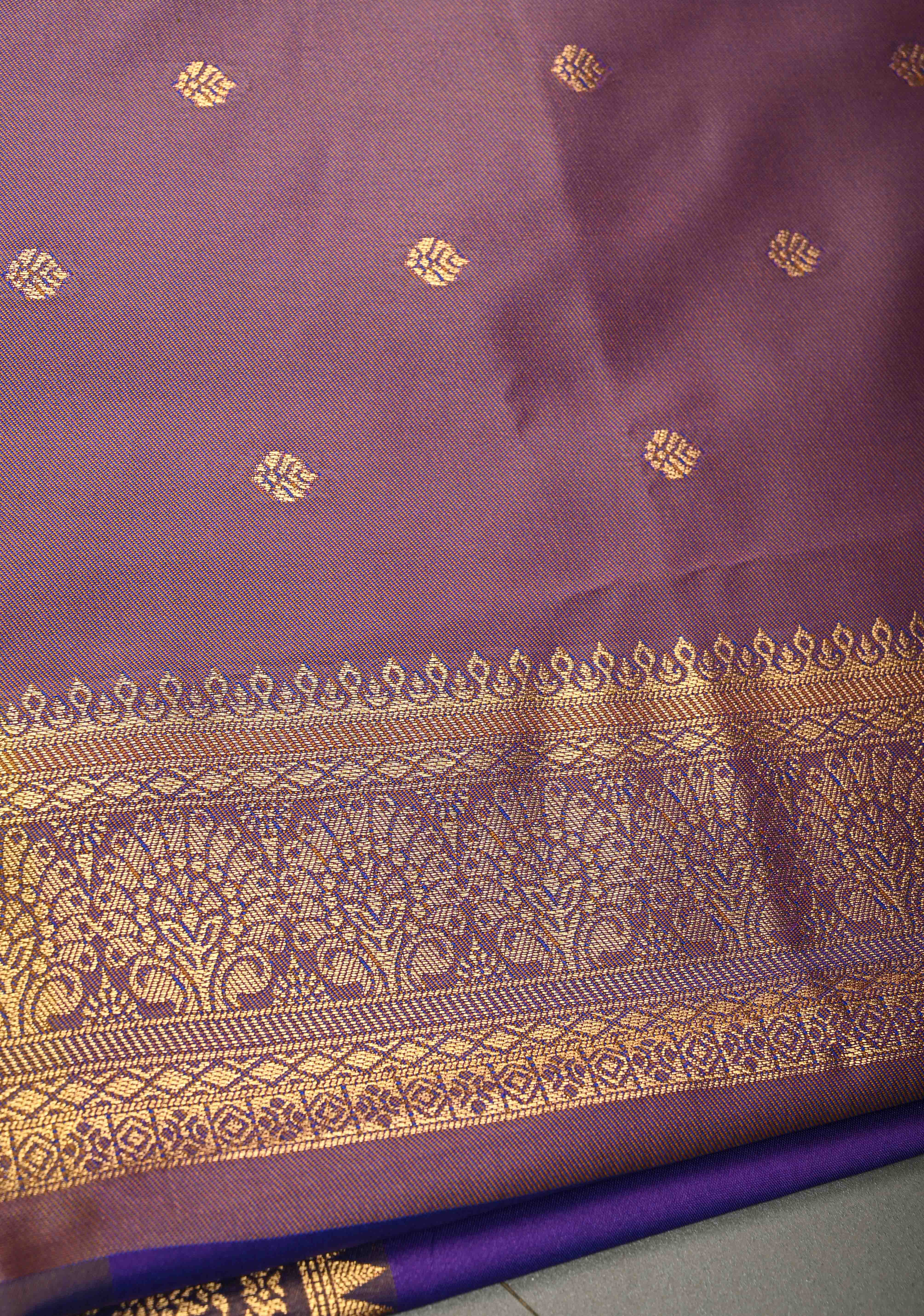 Purple Dual tone Kanchi Semi Silk Saree with Zari Buttas and Contrast Zari Border | Shobitam - Image 7