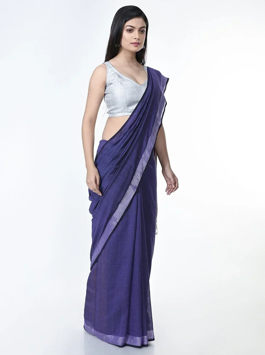 Purple Handloom Jamdani Cotton Saree with Zari Border - Image 5