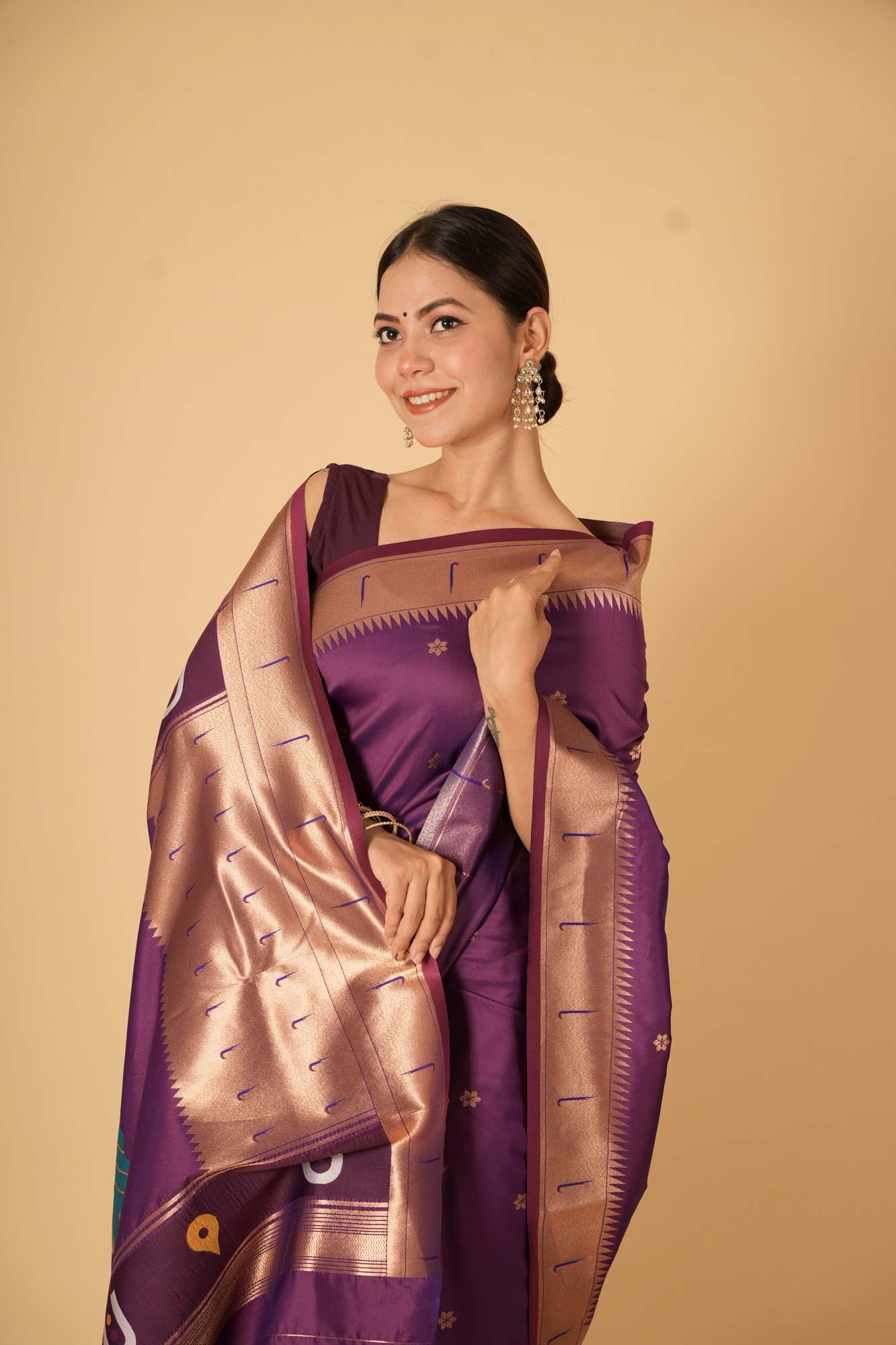 Purple Kanjivaram Inspired Silk with Traditional Temple Motifs Ready To Wear Saree - Image 2