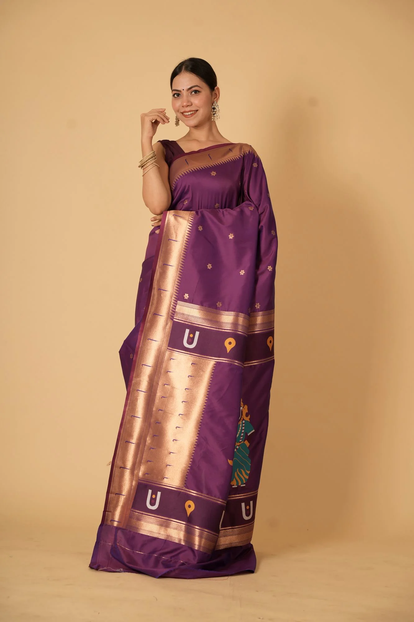 Purple Kanjivaram Inspired Silk with Traditional Temple Motifs Ready To Wear Saree - Image 3