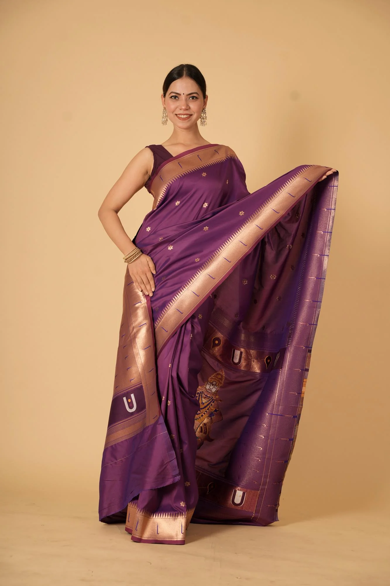 Purple Kanjivaram Inspired Silk with Traditional Temple Motifs Ready To Wear Saree - Image 6