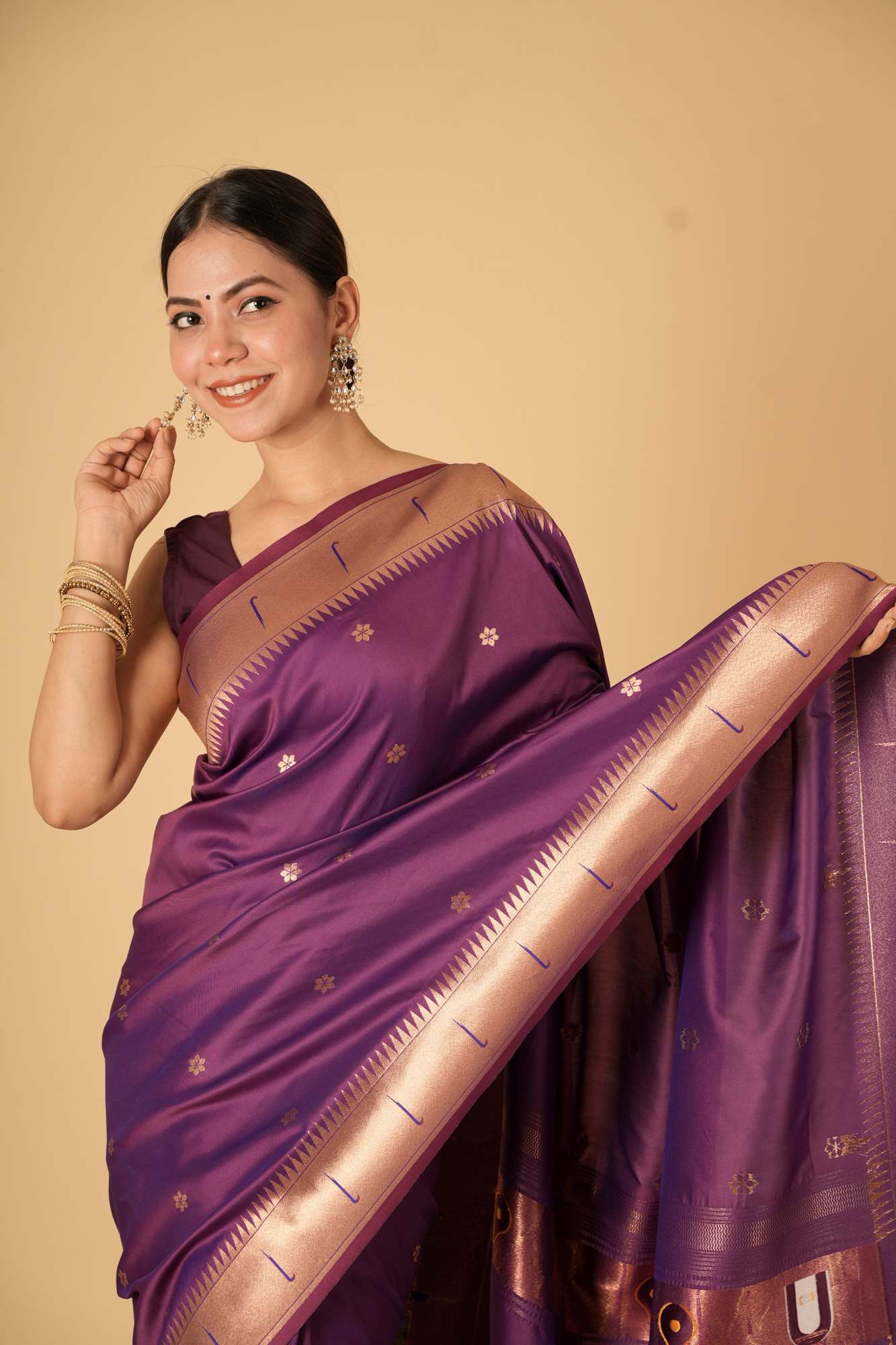 Purple Kanjivaram Inspired Silk with Traditional Temple Motifs Ready To Wear Saree - Image 7