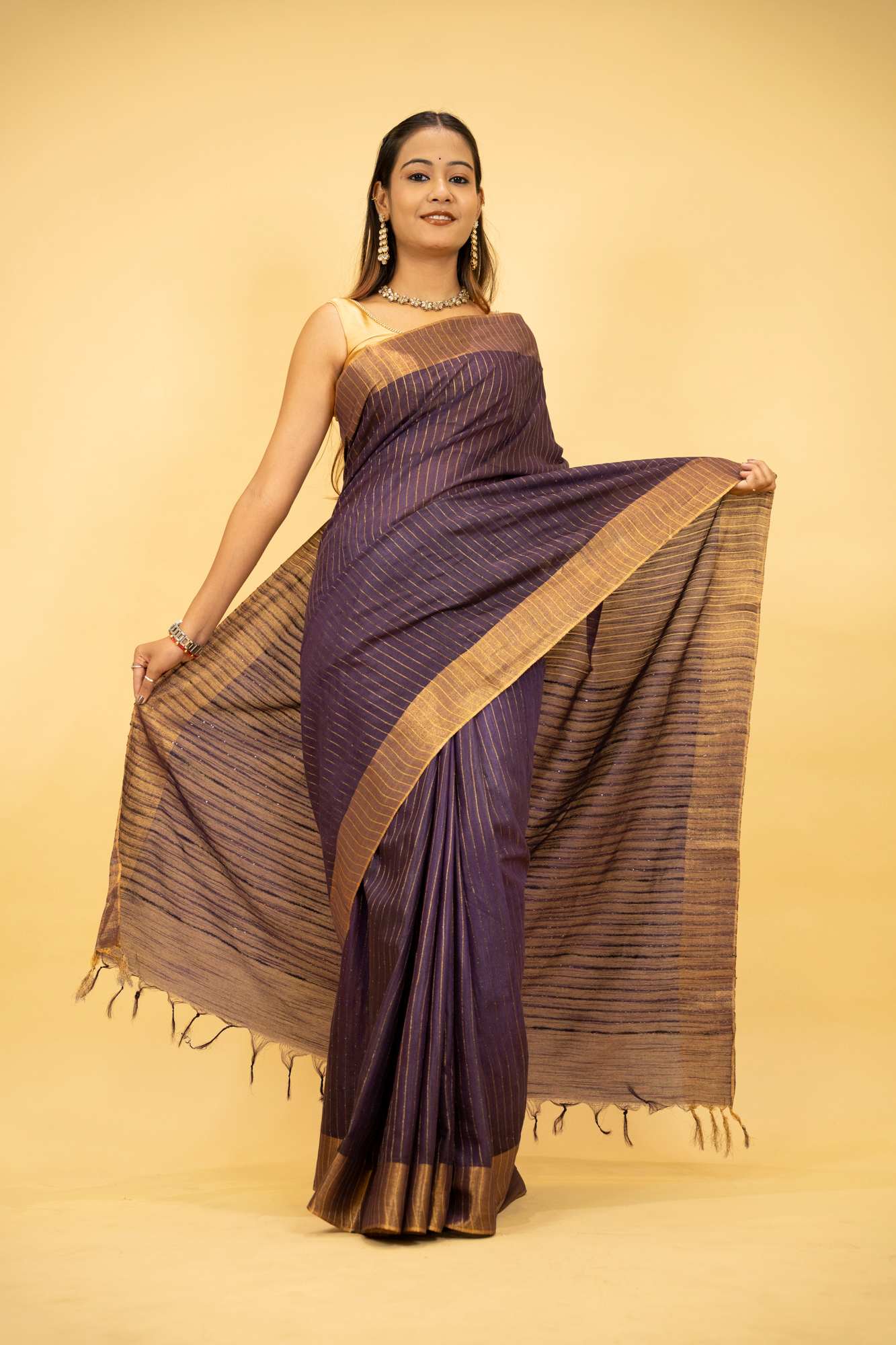 Purple Kota Silk with Overall Sequins Work Ready to wear Saree - Image 2