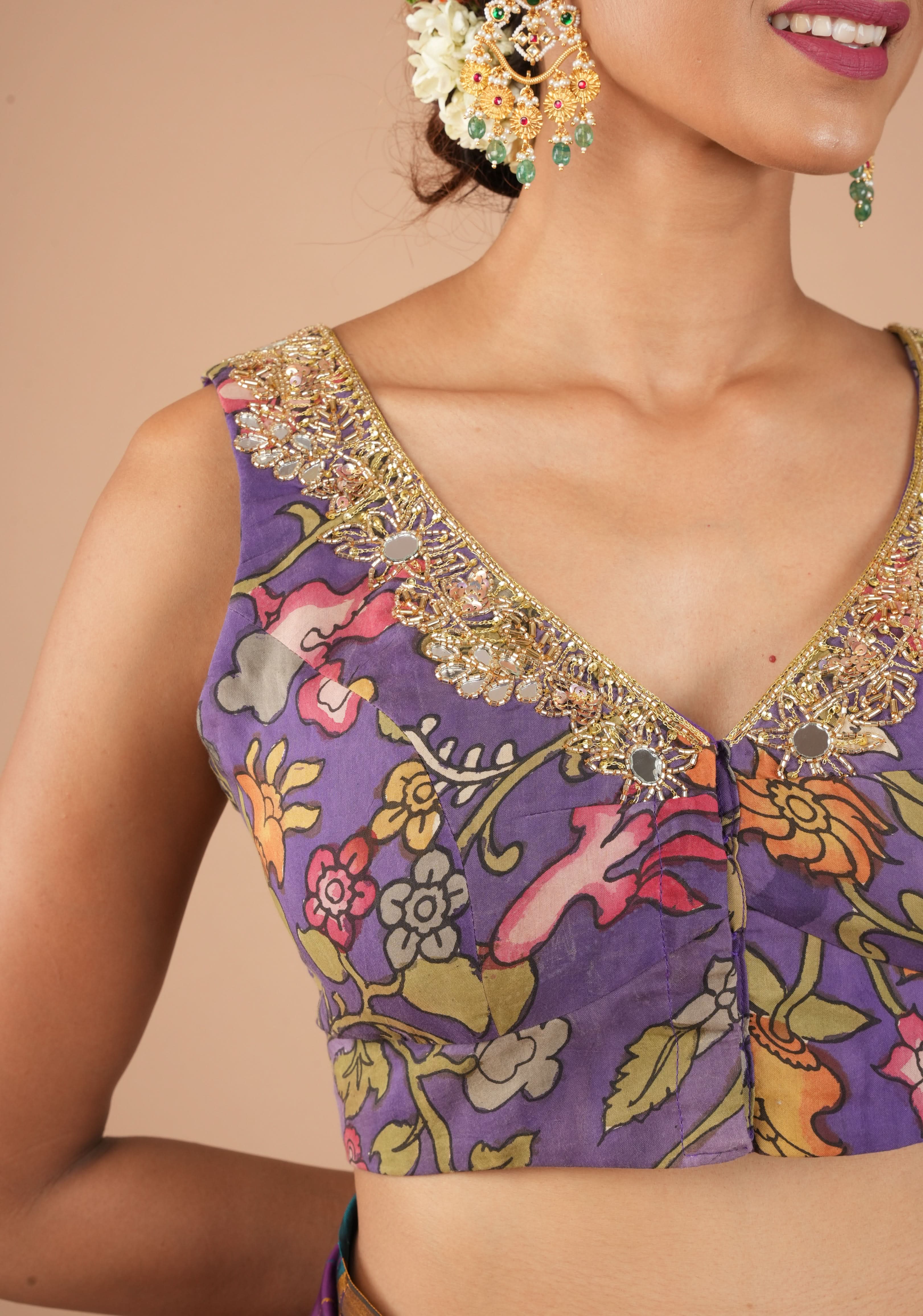 Purple Pure Pen Kalamkari Sleeveless Blouse with Mirror and Cutdana handworked embellishments, customizable, made-to-order | Shobitam - Image 5