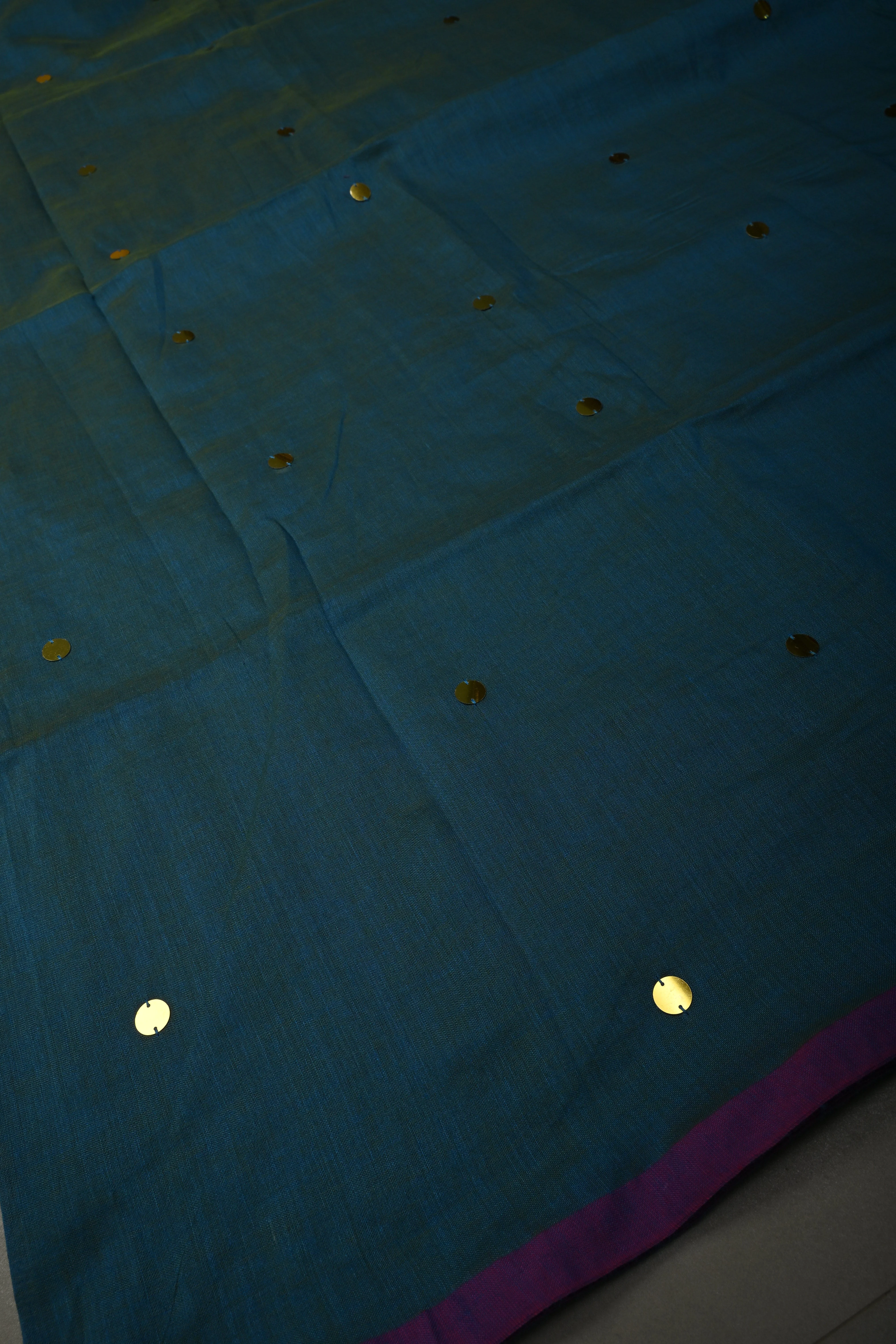 Peacock Blue Dual Tone Mercerized Mul Cotton Saree with Tikki Work and Long Tassels, No Blouse Piece | Shobitam - Image 3