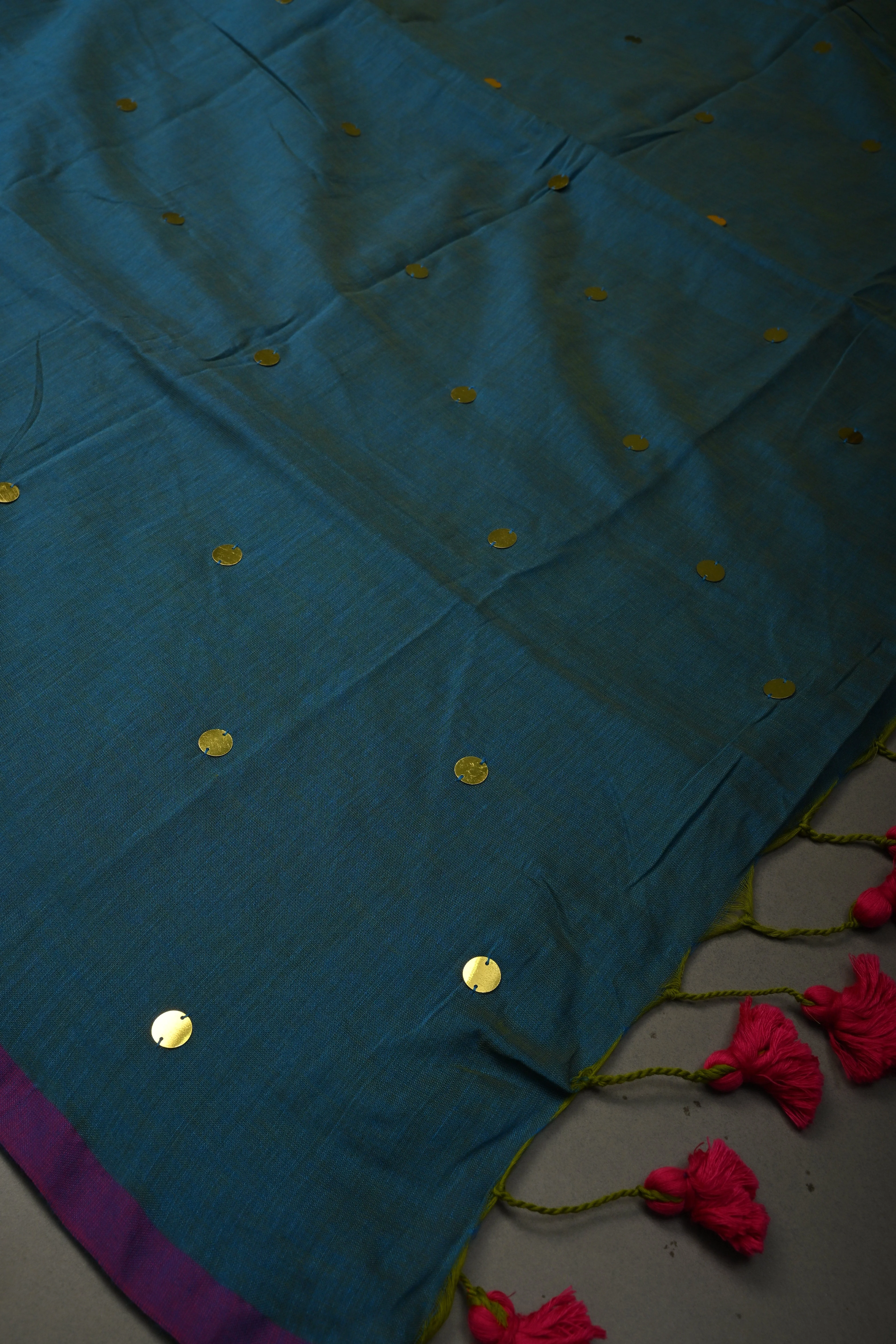 Peacock Blue Dual Tone Mercerized Mul Cotton Saree with Tikki Work and Long Tassels, No Blouse Piece | Shobitam - Image 6