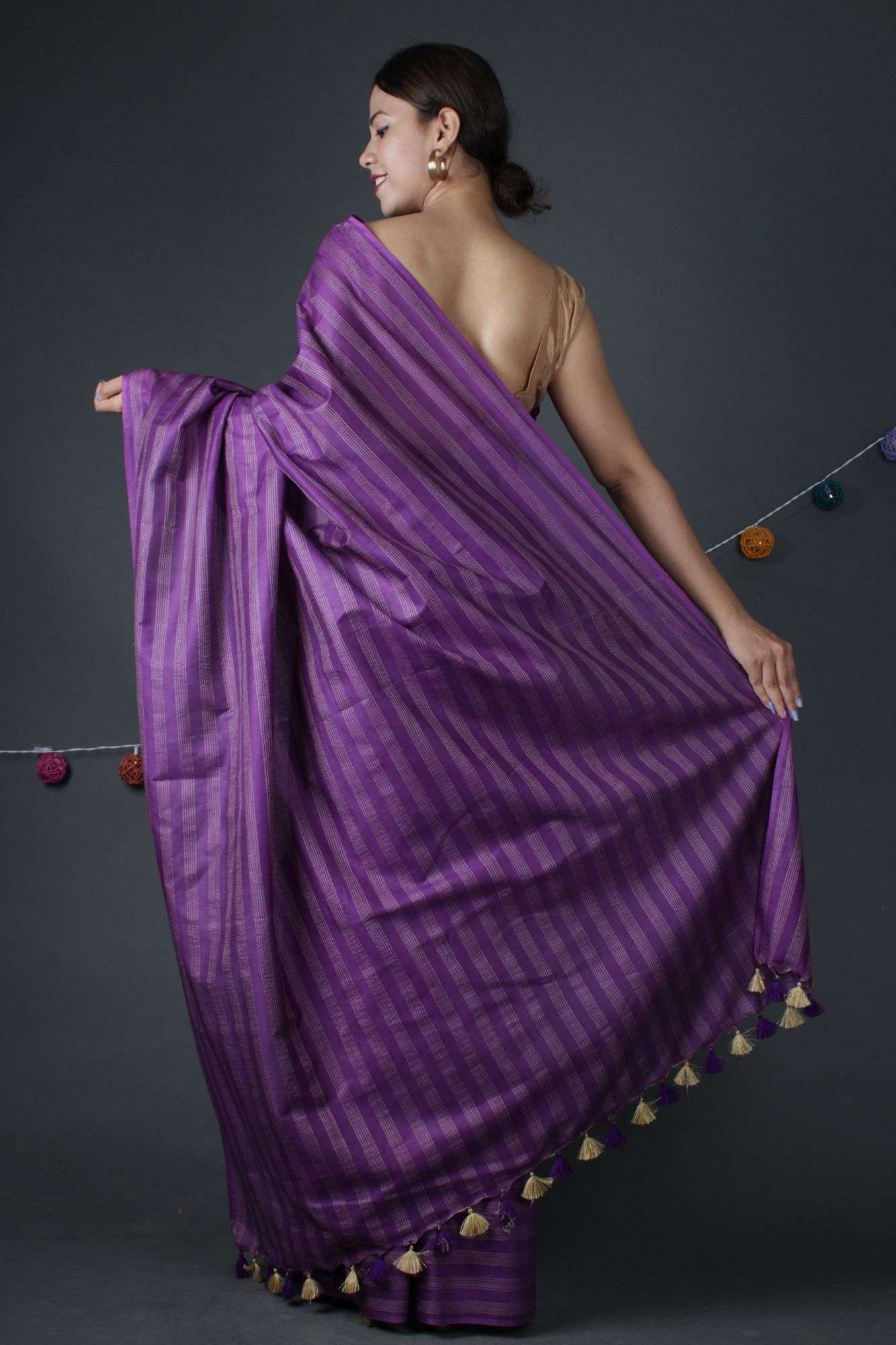 Purple royal Kota Viscose Shibori Style Formal look Wrap in 1 minute saree - Image 5