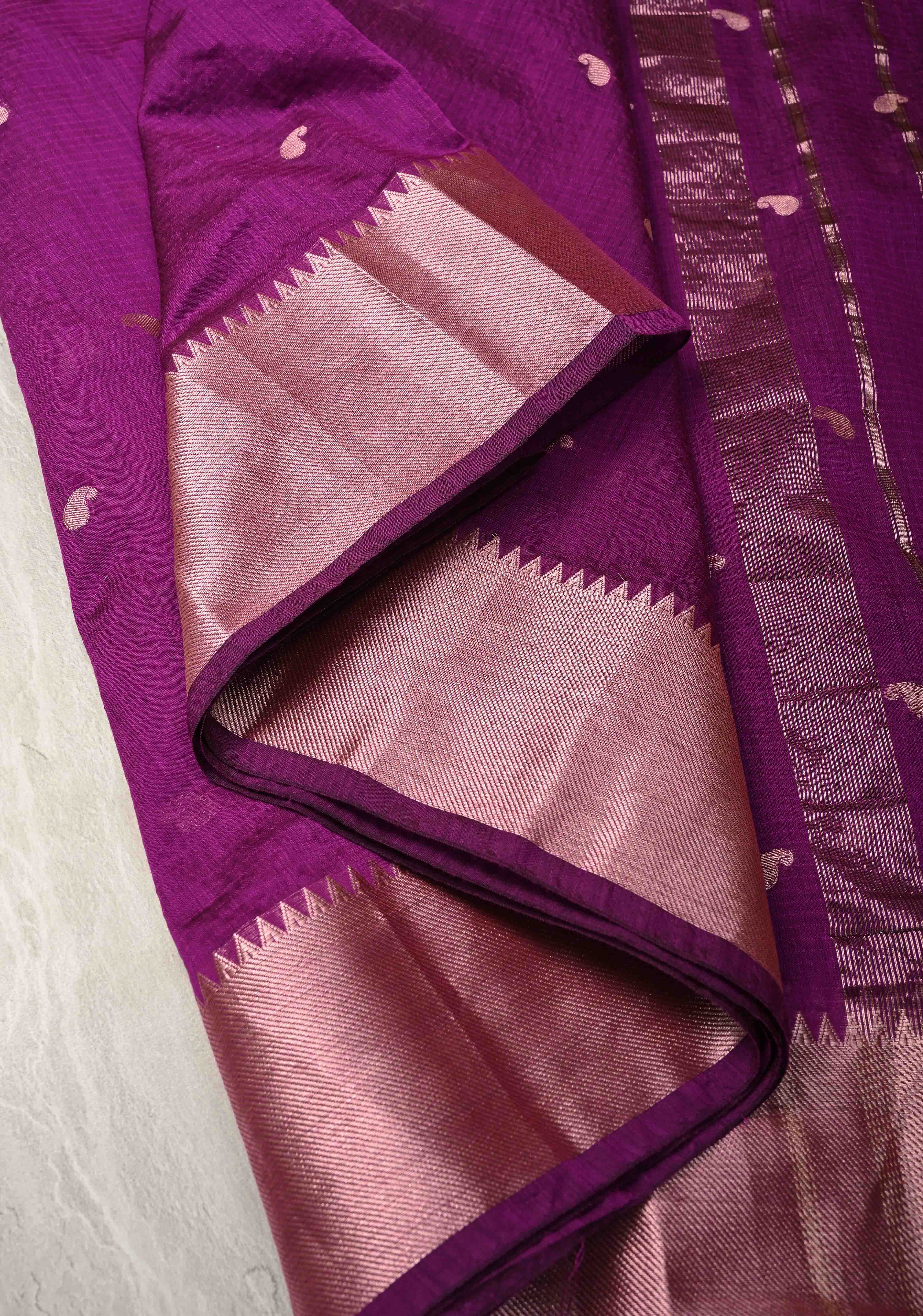 Purple Semi Silk saree with Zari Paisley Buttis and Zari Border | Shobitam - Image 6
