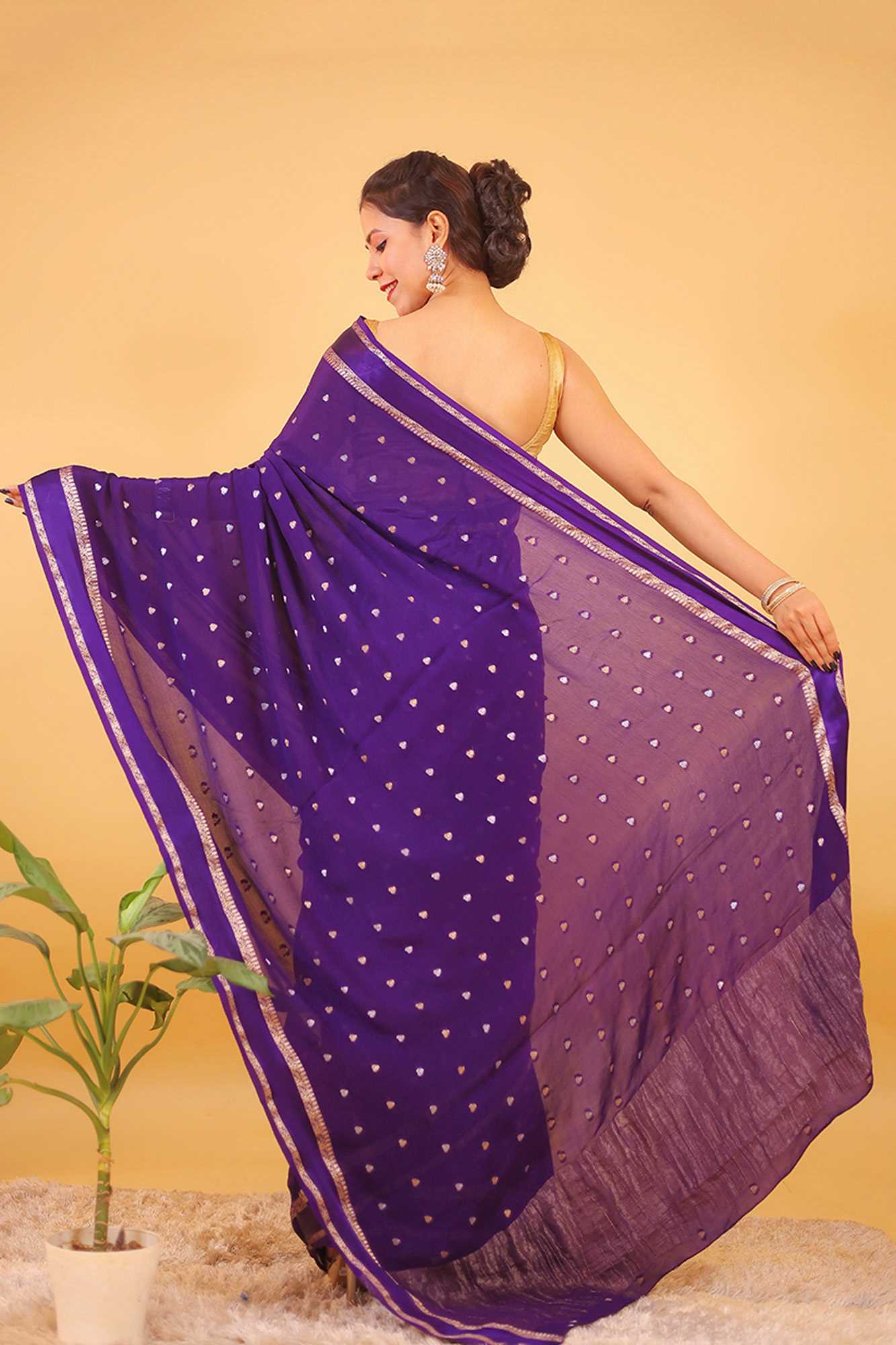 Purple Viscose Chinon Georgette Ready To Wear Saree - Image 3