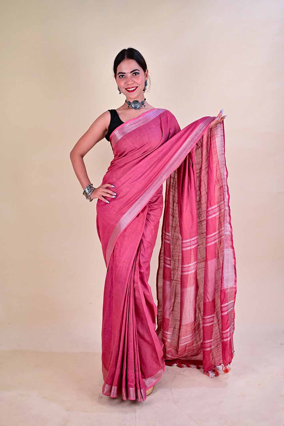 Purplish Pink Linen plain classy wrap in 1 minute saree - Image 3