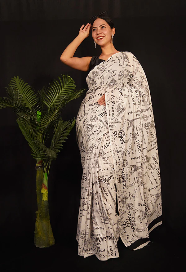 Quirky & Fun Eiffel Tower Printed Over all  Pure Mul Mul Cotton Wrap in 1 minute saree