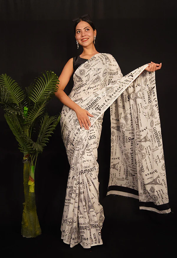 Quirky & Fun Eiffel Tower Printed Over all  Pure Mul Mul Cotton Wrap in 1 minute saree - Image 4