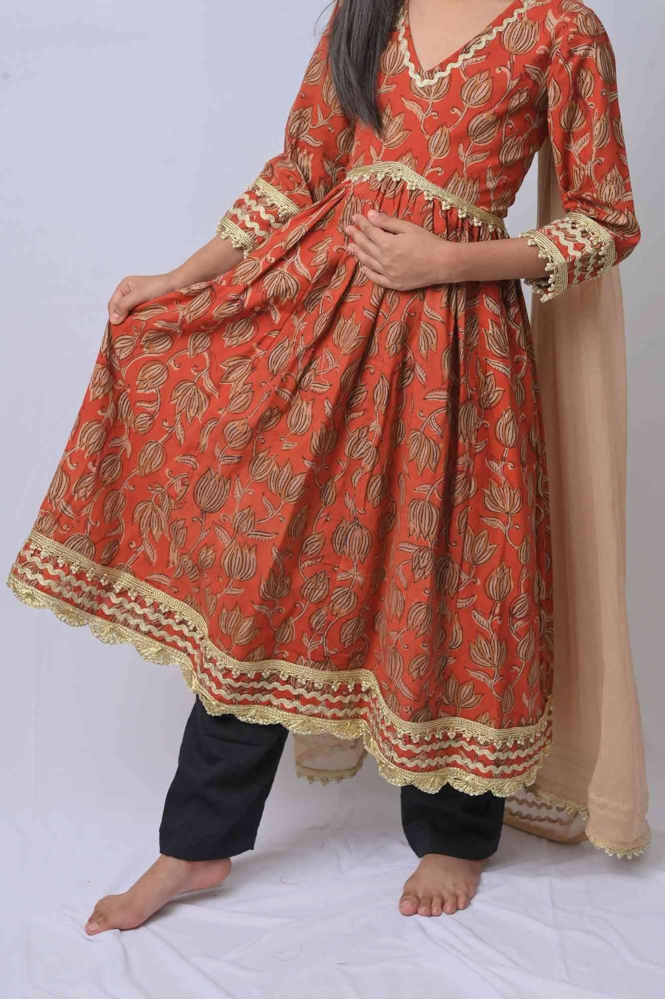 Radhika Bagru Print Pleated 3 piece Anarkali set | Made To Order - Image 6