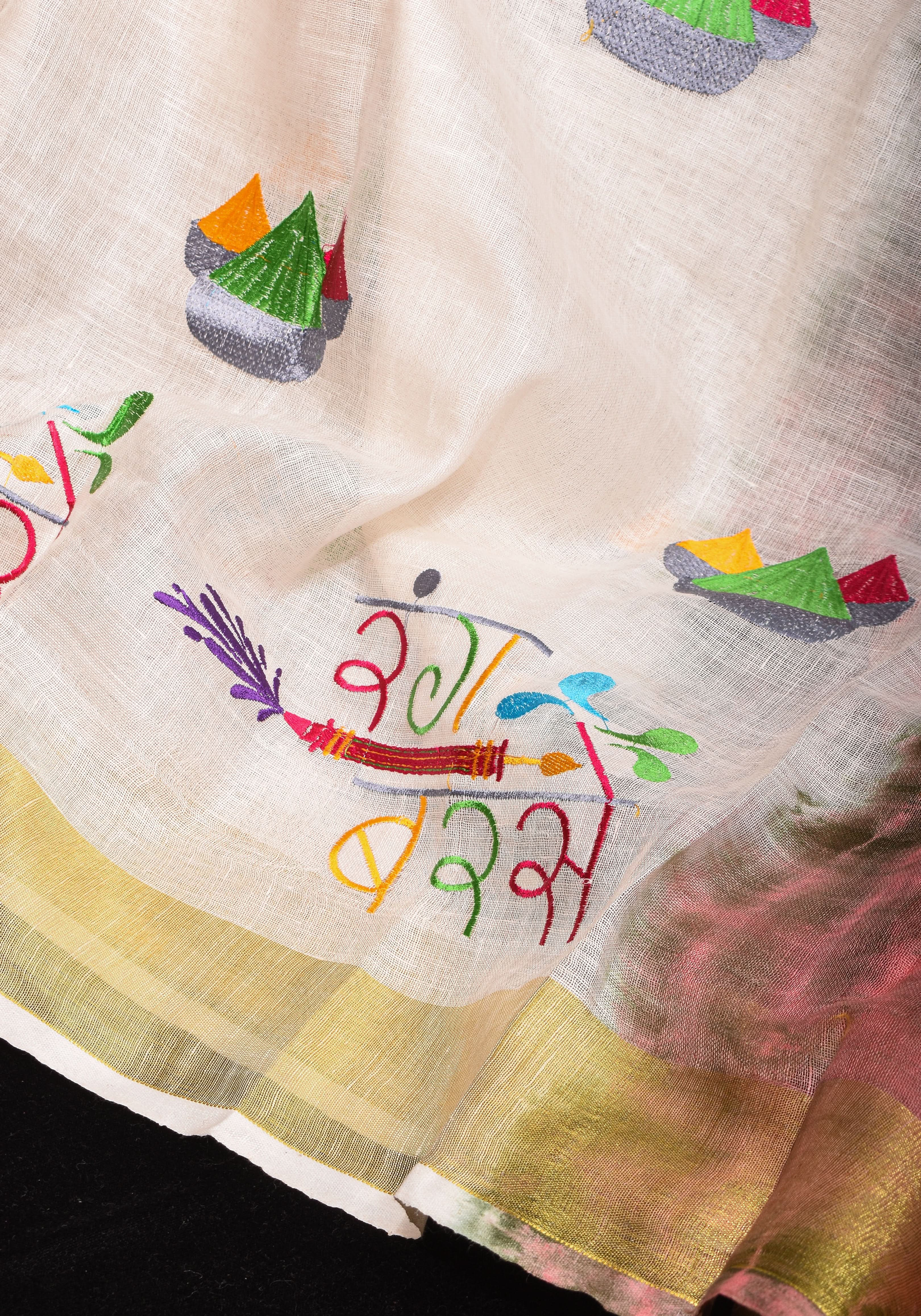 Rang Barse: Holi Theme Embroidered Linen Saree with Rang and Pichkari motifs! Vidya Balan Special Holi Saree | Shobitam - Image 16