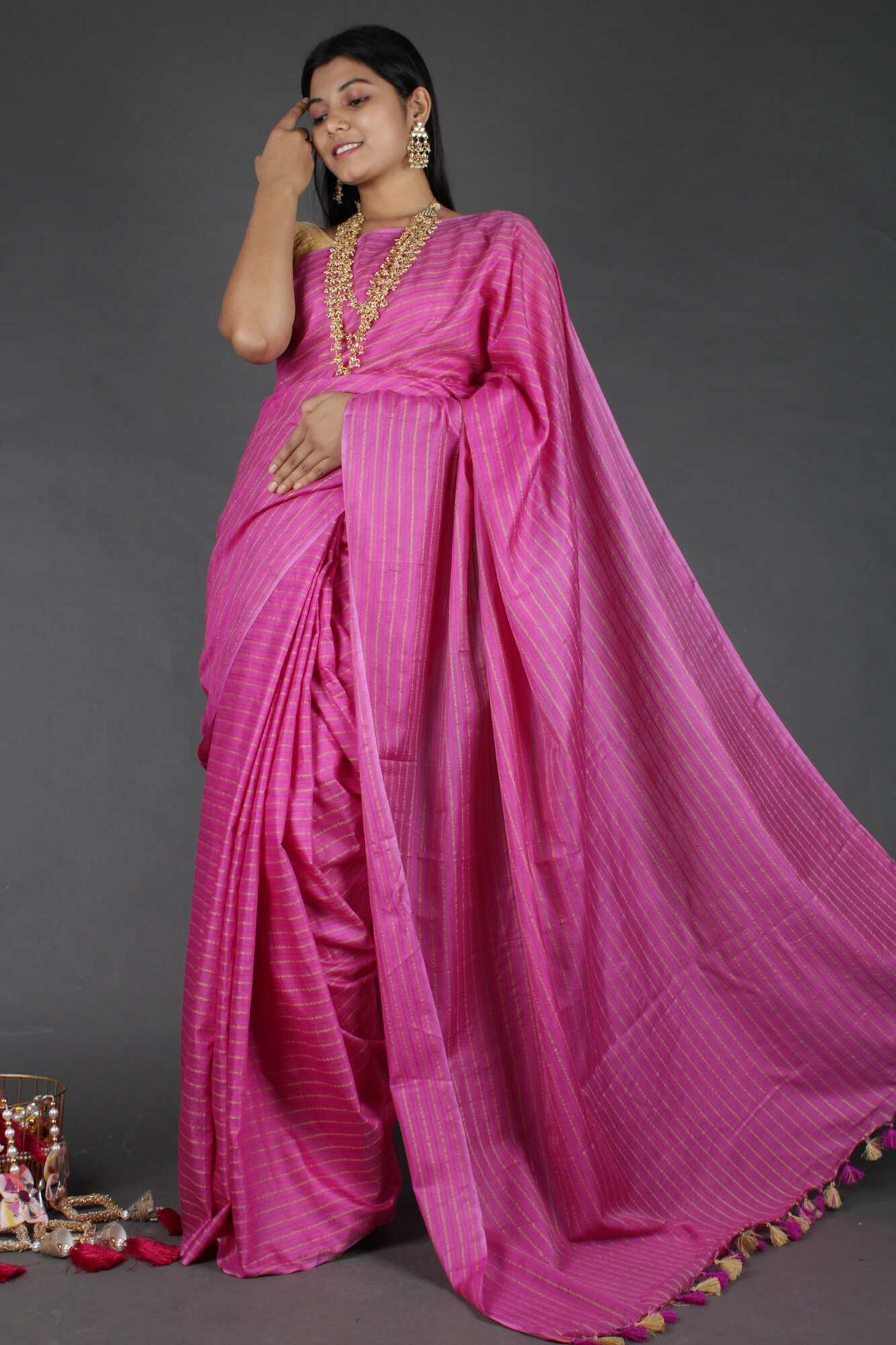 Rani pink bright and beautiful Katan Silk with Resham Weaving all over Wrap in 1 minute saree