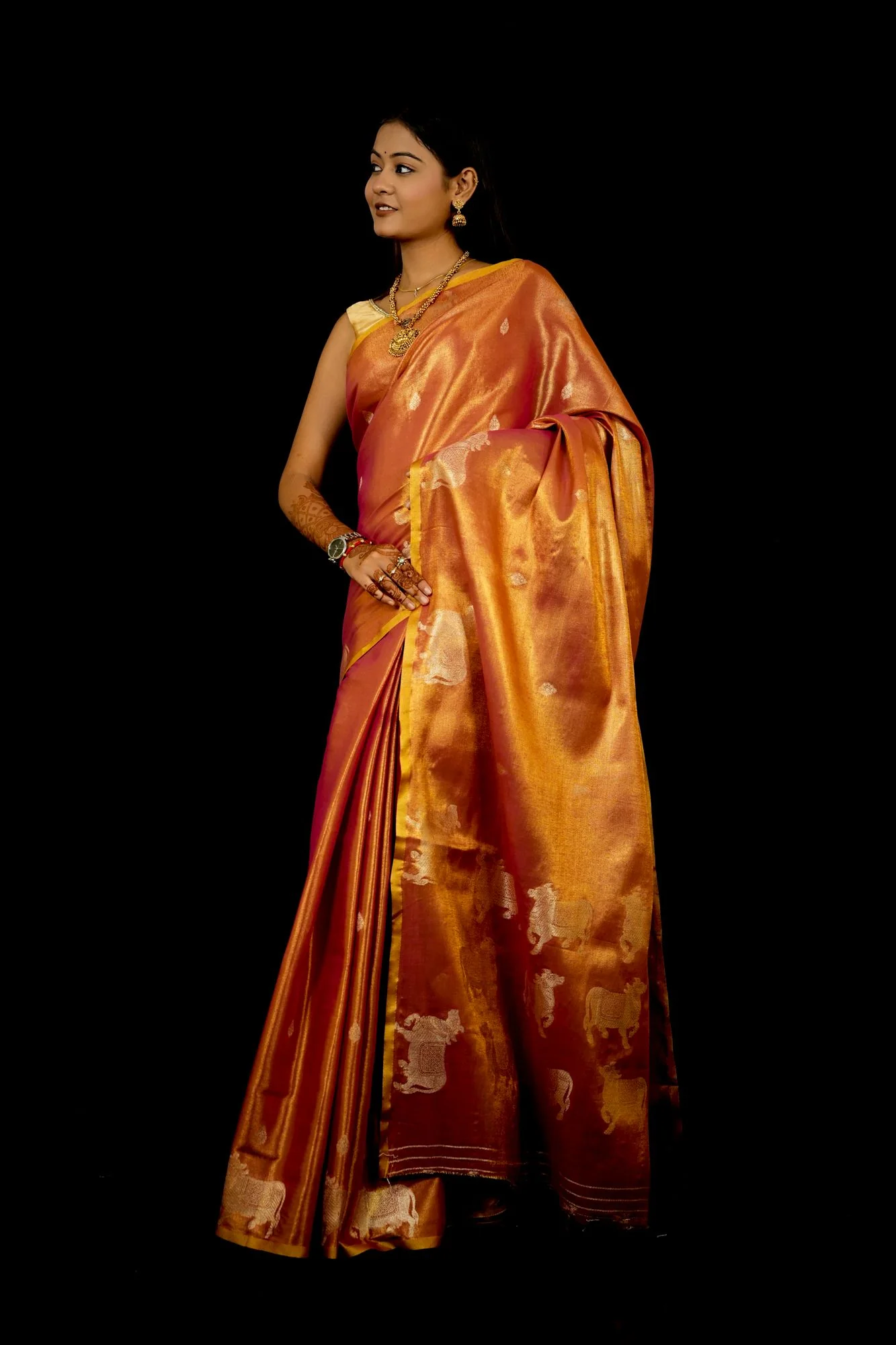 Zari Tissue Silk with Intricate Nandi Motifs Ready To Wear Saree - Image 6
