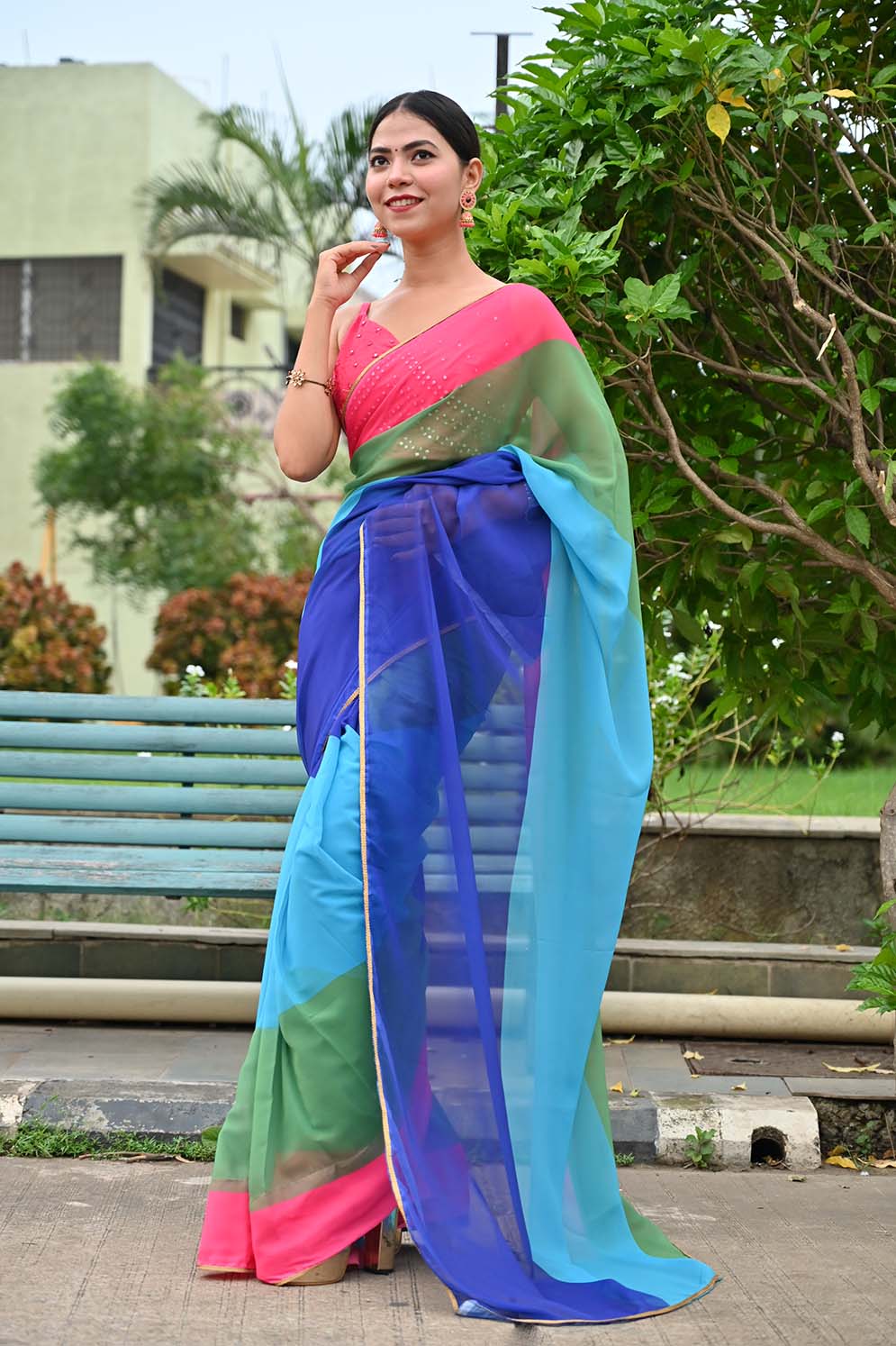 Ready To Wear Alia Bhatt Inspired Rocky Rani Multi Coloured Saree With Lace Wrap in 1 minute saree - Image 7