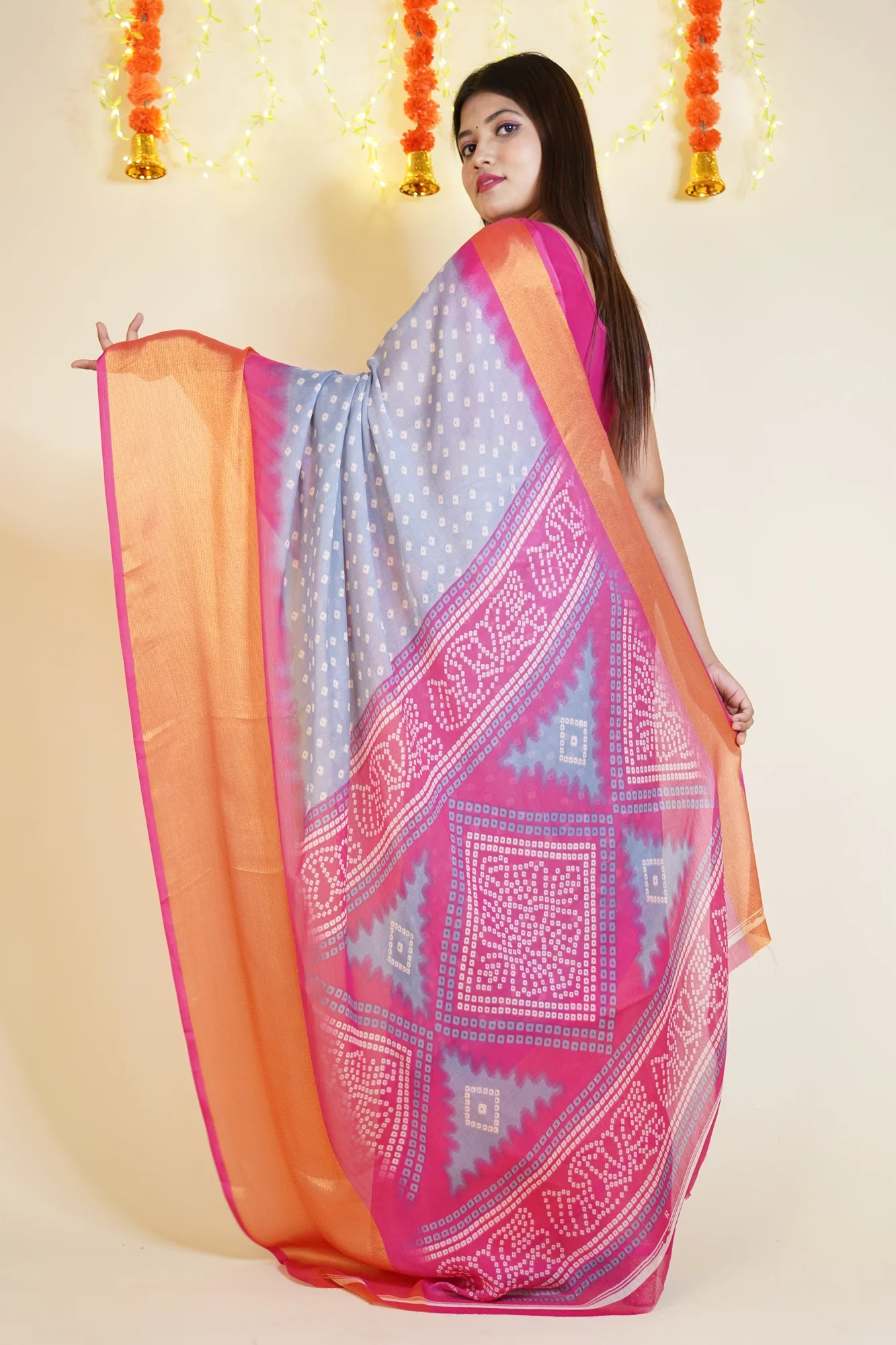Ready to Wear Bandhani printed Moss Chiffon Wrap in 1 minute saree - Image 3