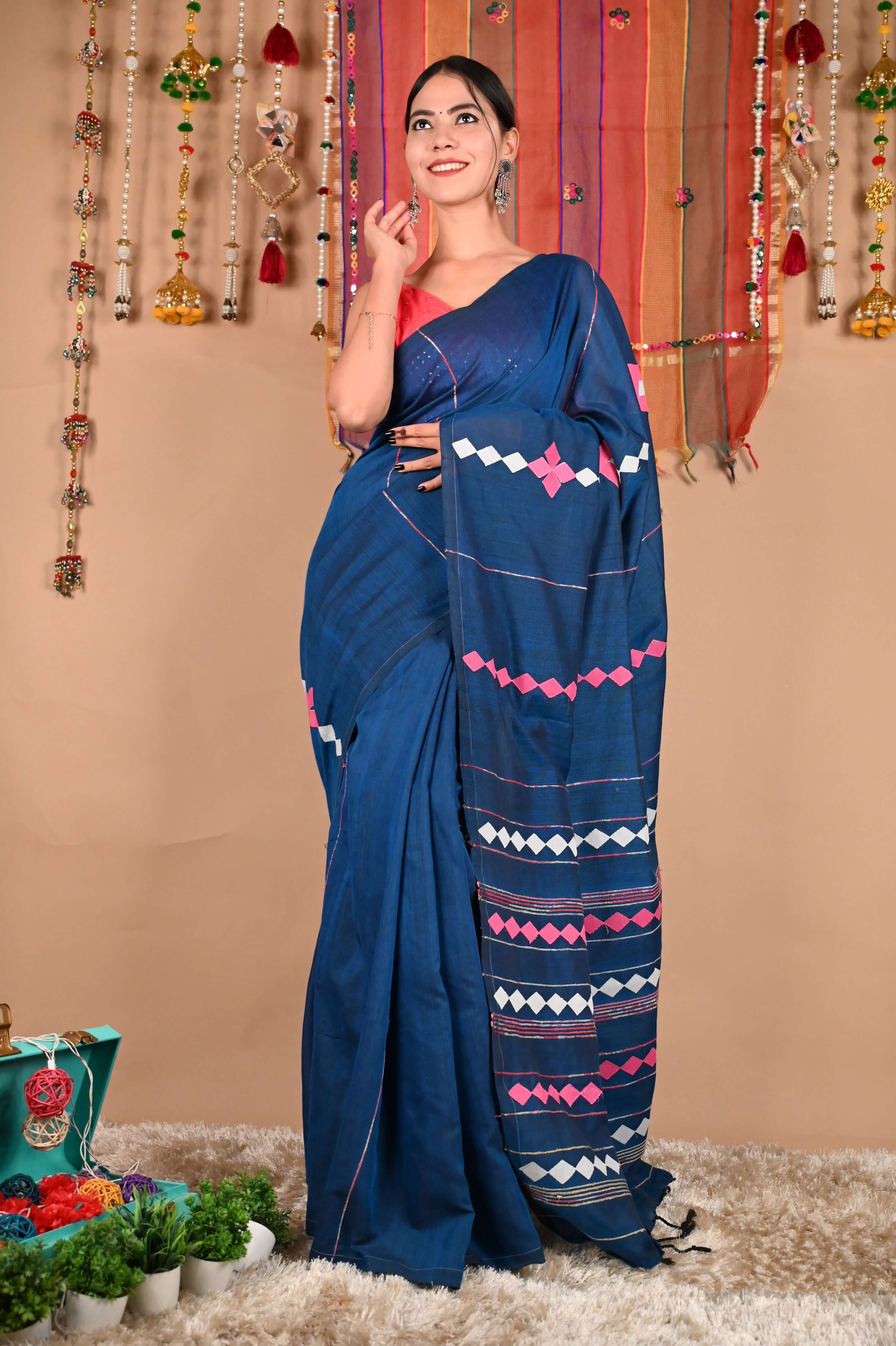 Ready To Wear  Beautiful Applique Work Khesh Pure Cotton Wrap in 1 minute saree - Image 2