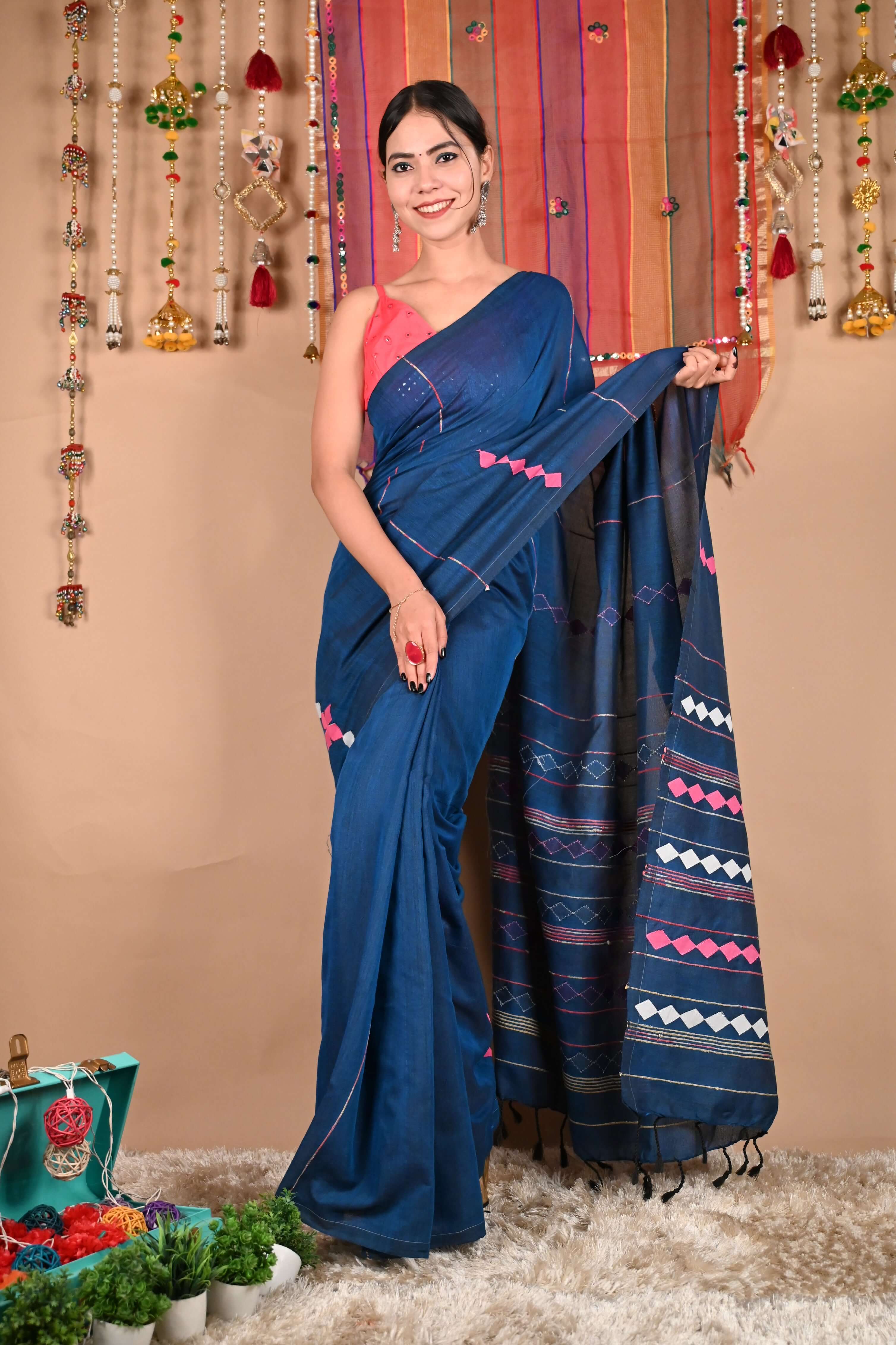 Ready To Wear  Beautiful Applique Work Khesh Pure Cotton Wrap in 1 minute saree - Image 5