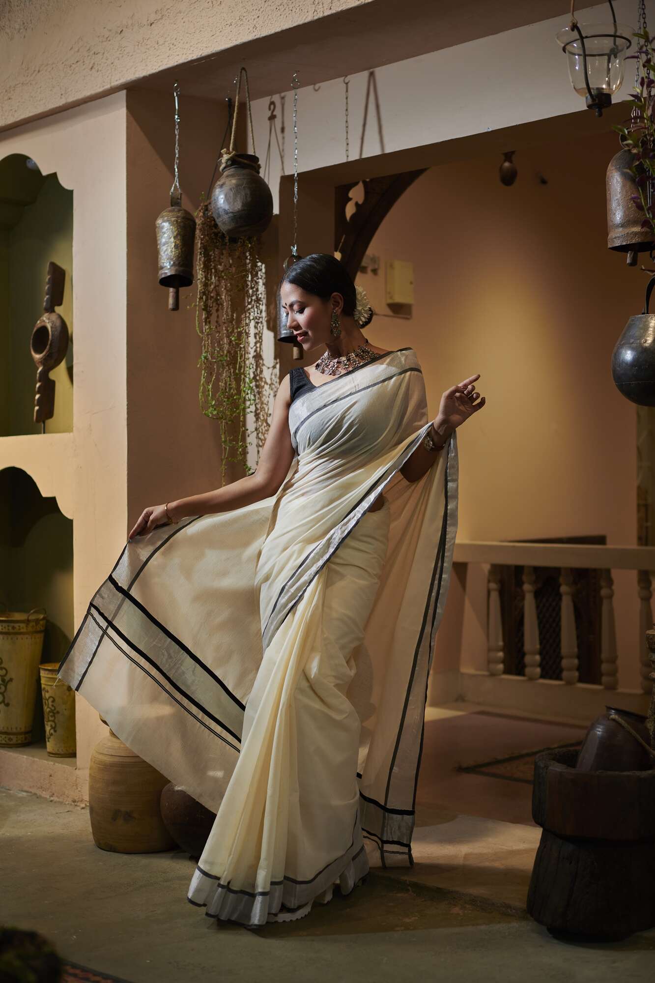 Ready To Wear Beautiful Kerala Kasavu Tissue Cotton with Zari Border Wrap in 1 minute saree - Image 5