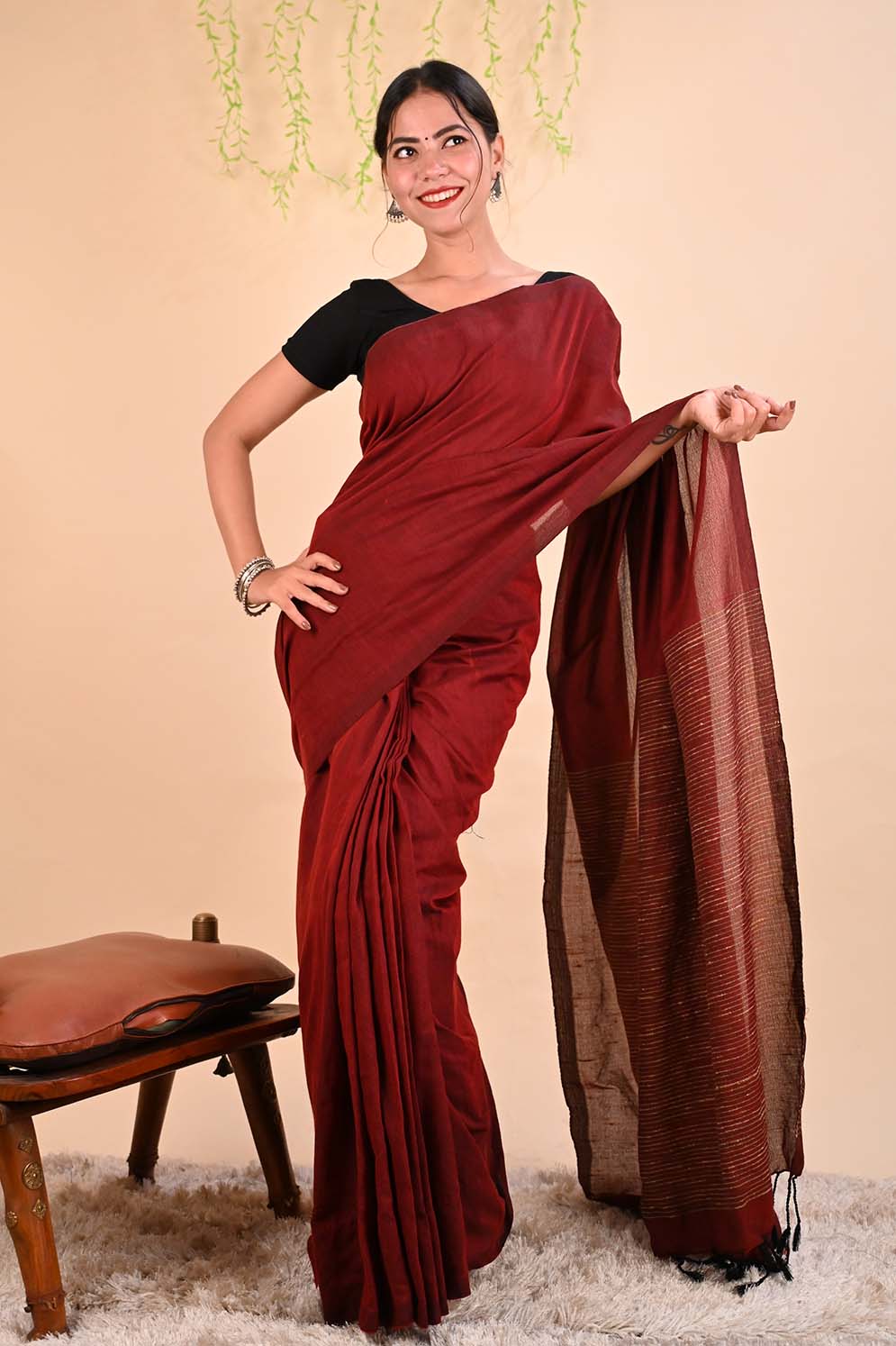 Ready to wear Beautiful Maroon Khadi With Stripes on Pallu  Wrap in 1 minute Saree - Image 4