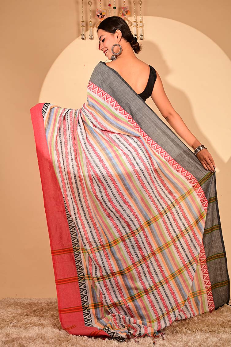 Ready To Wear Begampuri weave cotton linen with Tassels on Pallu Wrap in 1 minute saree - Image 3