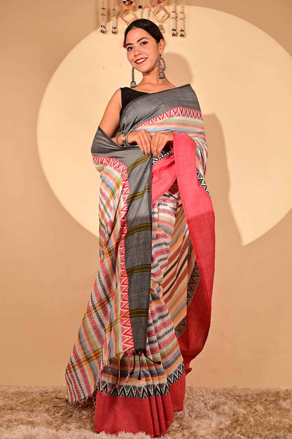 Ready To Wear Begampuri weave cotton linen with Tassels on Pallu Wrap in 1 minute saree - Image 5