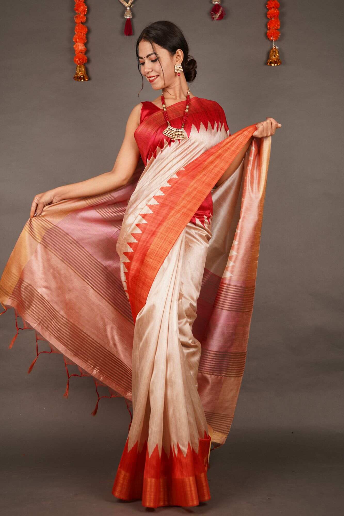 Ready To Wear Beige & Red Temple  Border Tussar Wrap in 1 minute saree - Image 3
