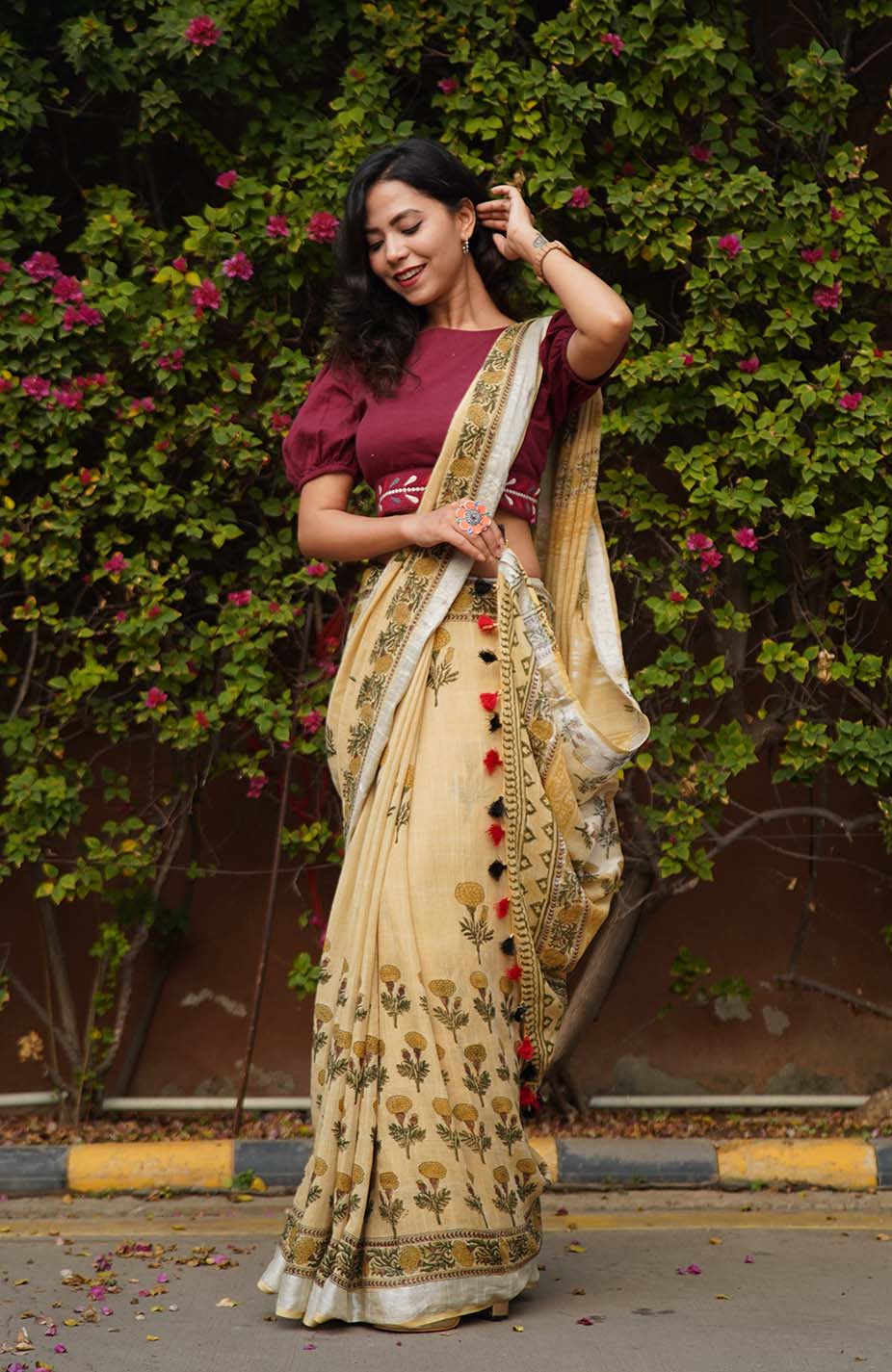Ready To Wear Beige Soft Linen Cotton With Floral Printed& Tassels on Pallu  Wrap in 1 minute saree - Image 5