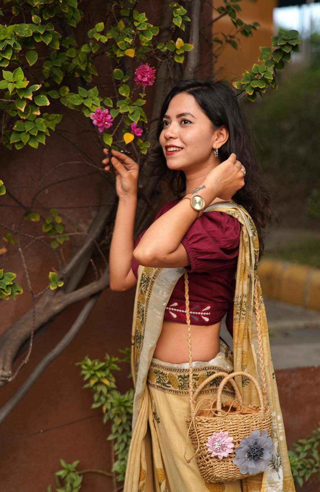 Ready To Wear Beige Soft Linen Cotton With Floral Printed& Tassels on Pallu  Wrap in 1 minute saree - Image 9