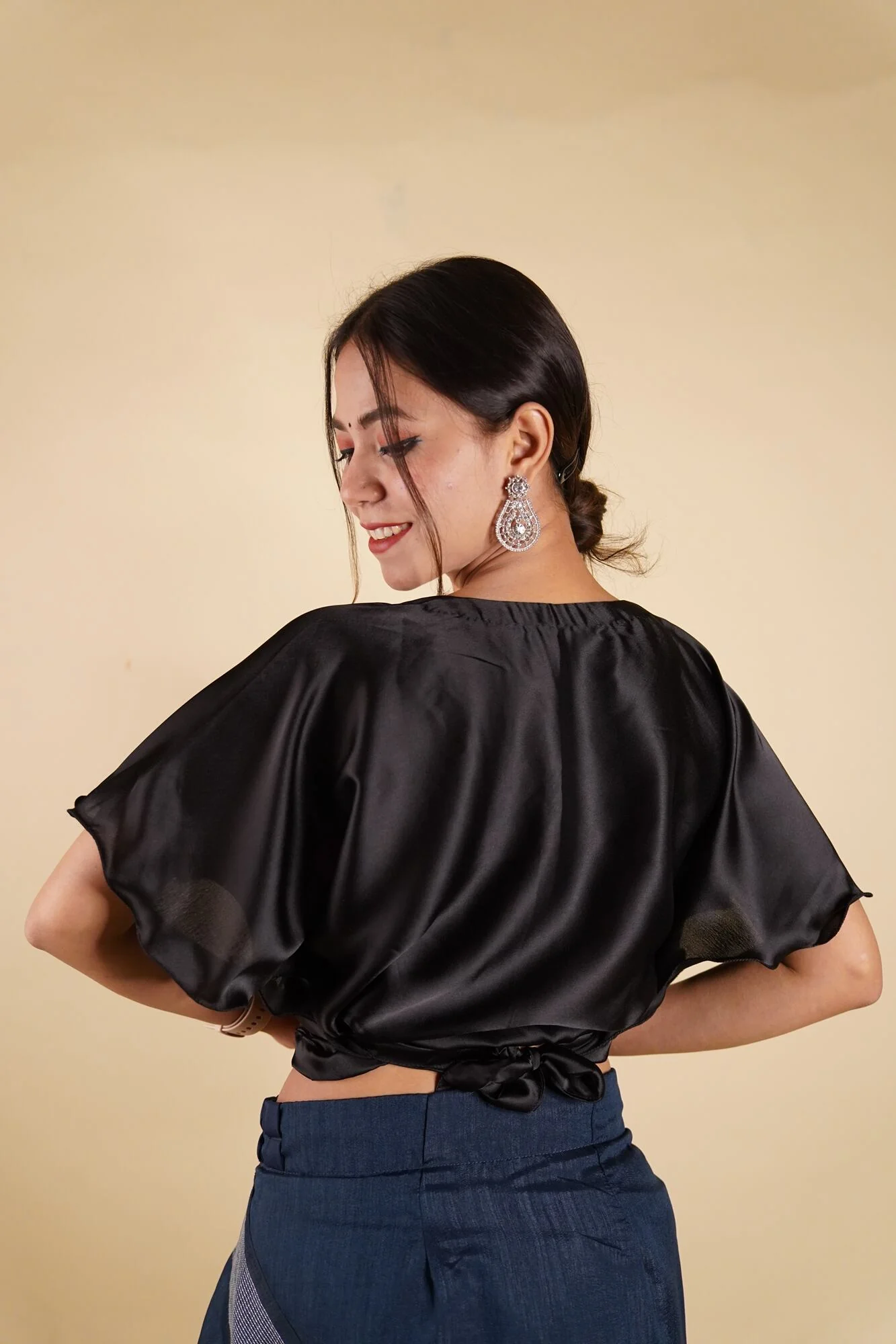 Ready to Wear Bell Sleeves Tying Blouse Cum Top -  Satin - Image 15