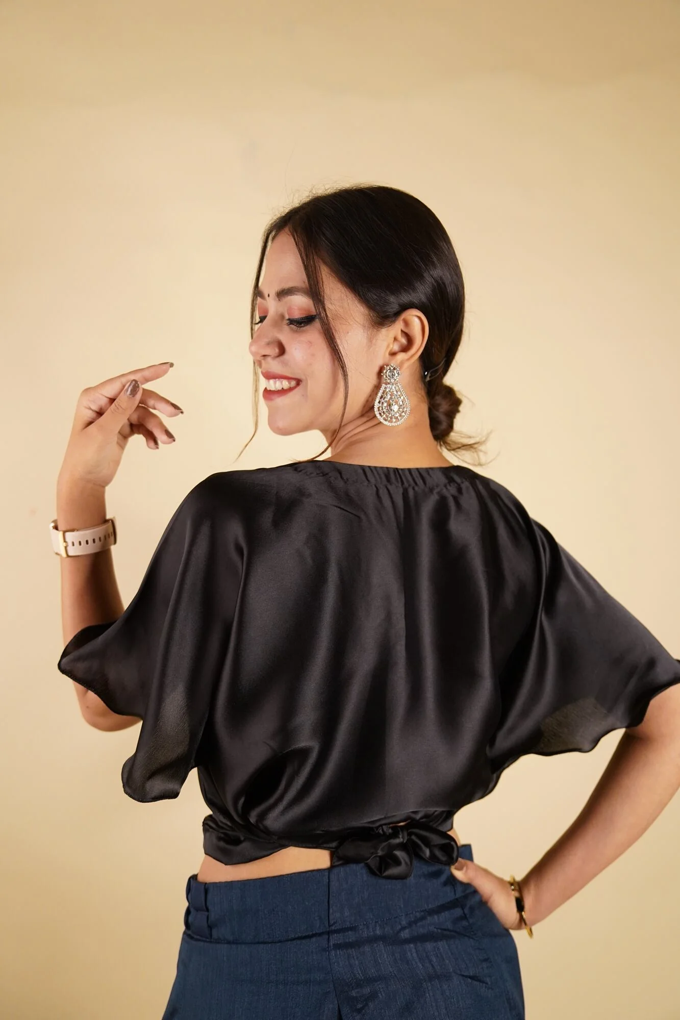 Ready to Wear Bell Sleeves Tying Blouse Cum Top -  Satin - Image 16
