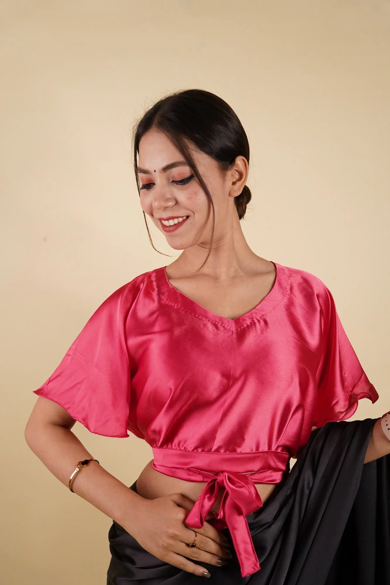 Ready to Wear Bell Sleeves Tying Blouse Cum Top -  Satin - Image 17
