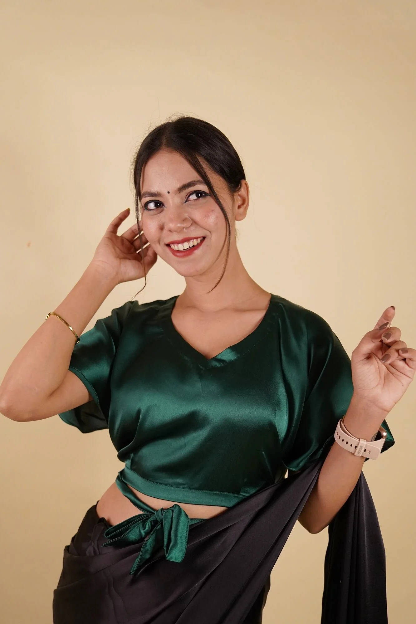 Ready to Wear Bell Sleeves Tying Blouse Cum Top -  Satin - Image 5