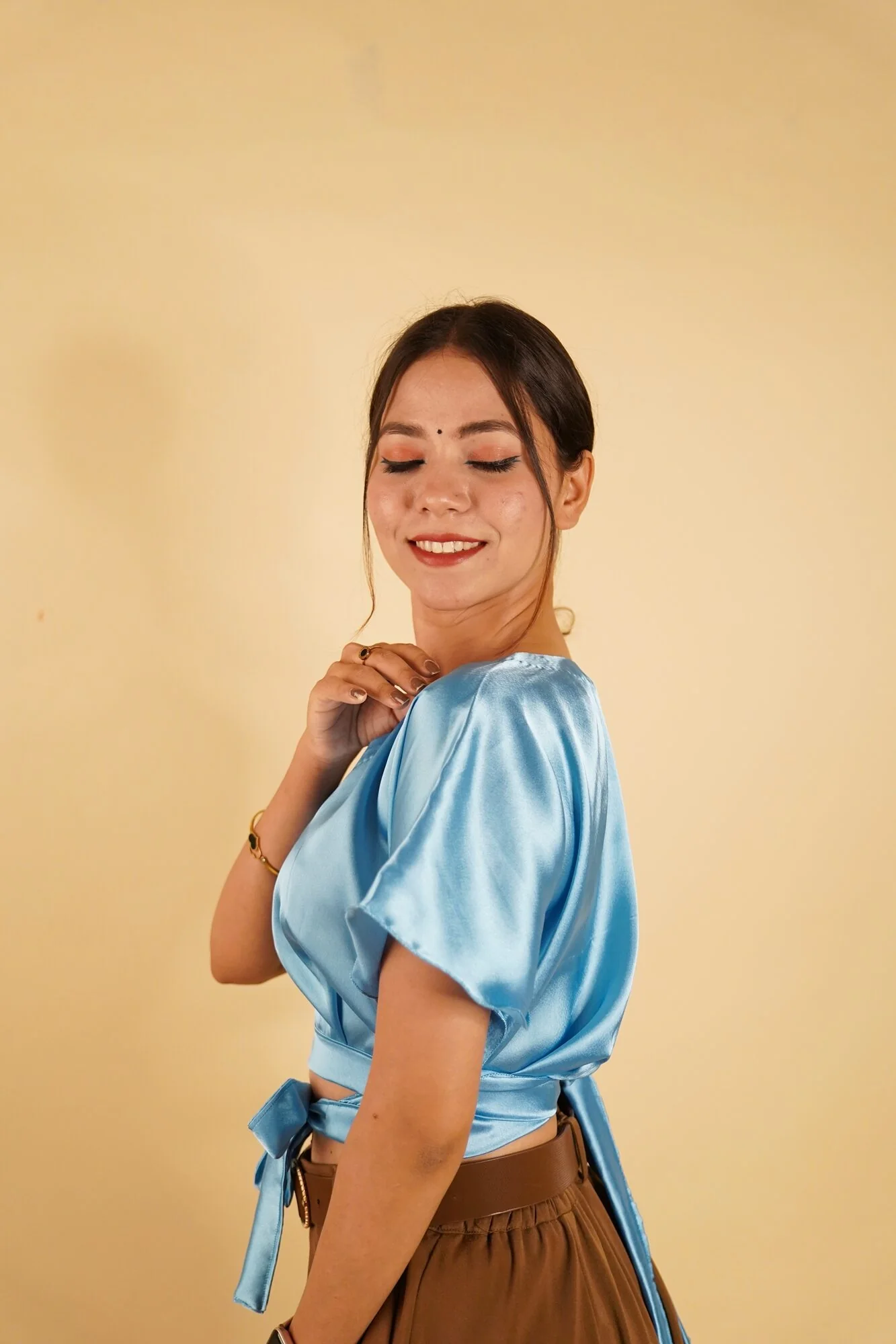 Ready to Wear Bell Sleeves Tying Blouse Cum Top -  Satin - Image 6