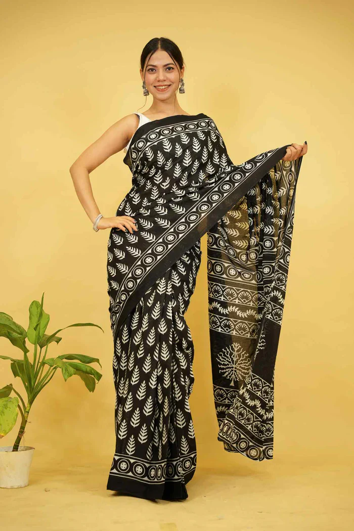 Ready To wear Black Pure Mul Mul Cotton Black saree with Vegetable dye Hand Block print - Image 3
