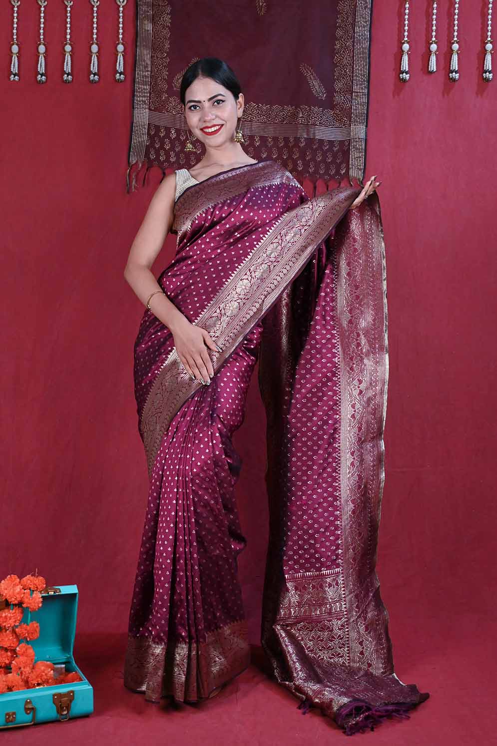 Ready To Wear Bollywood Maroon Banarasi  Wrap in 1 minute saree - Image 4