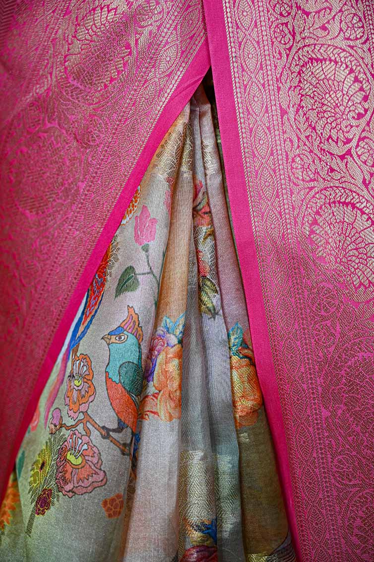 Pink Zari with Pattu Border Kanchipuram Inspired Floral Printed Overall Ready-to-Wear Saree - Image 8