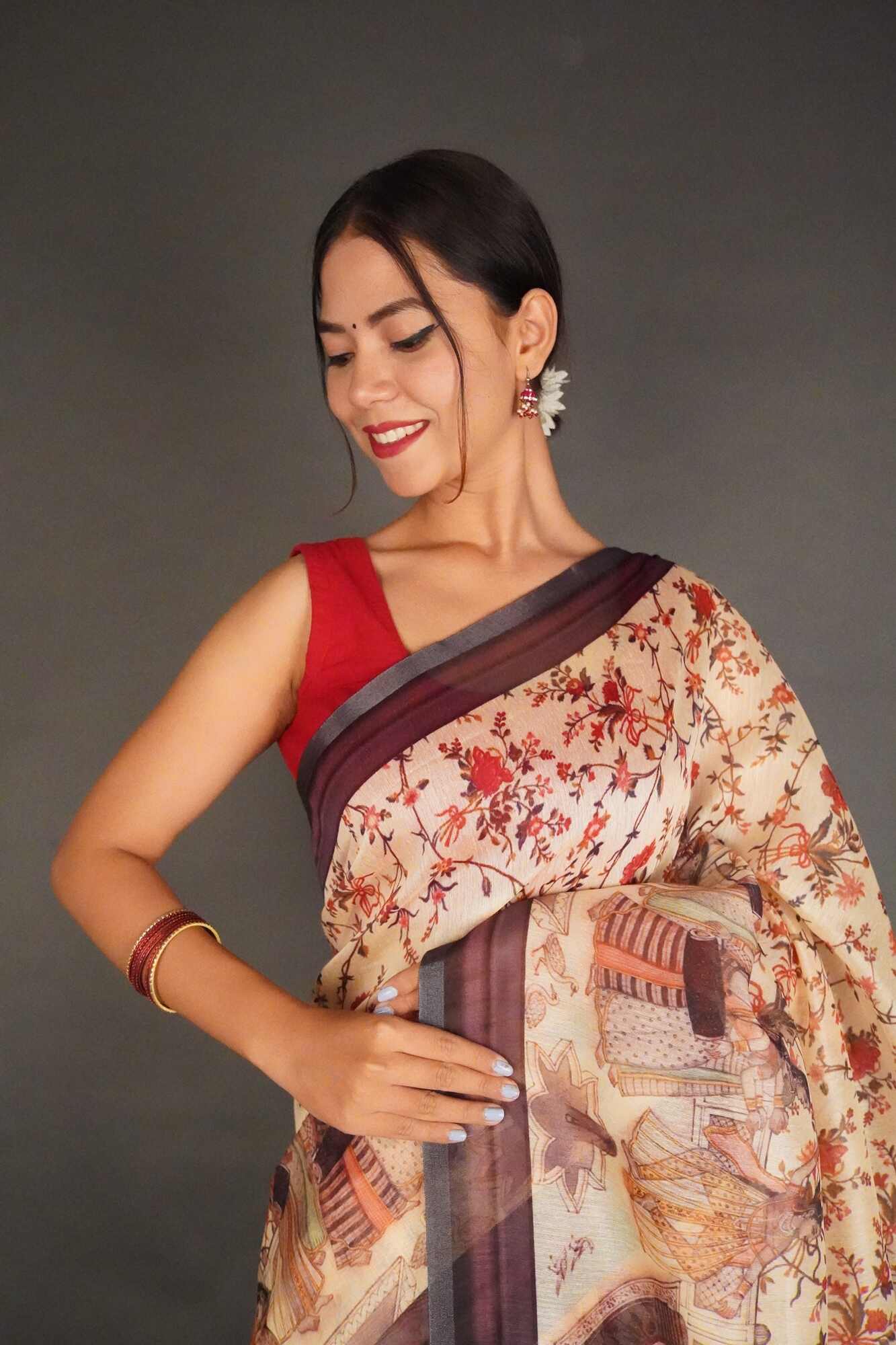 Ready To Wear Elegant Beige Kalamkari Printed Cotton Linen Wrap in 1 minute saree - Image 2
