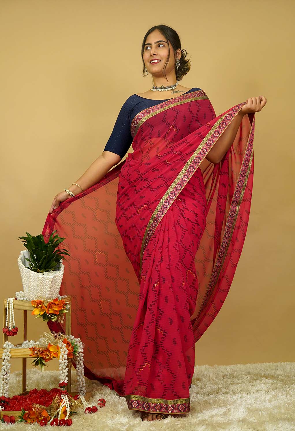 Ready to wear Geometric Printed Georgette  Woven Border Wrap IN One Minute Saree - Image 2