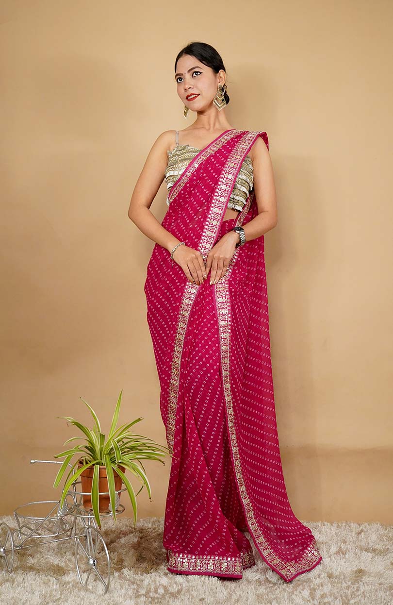 Ready To Wear Georgette Bandhani Printed & Embroidery Work In Lace Bordered Wrap In One Minute Saree - Image 4