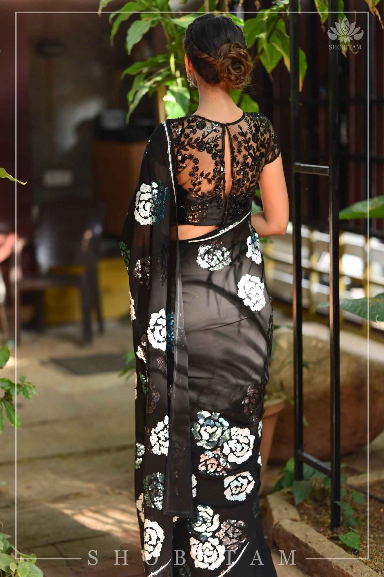 Ready To Wear Georgette Saree with Rose Sequin work in Black - Image 3